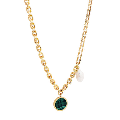 goldplated decade necklace with malachite and baroque pearl