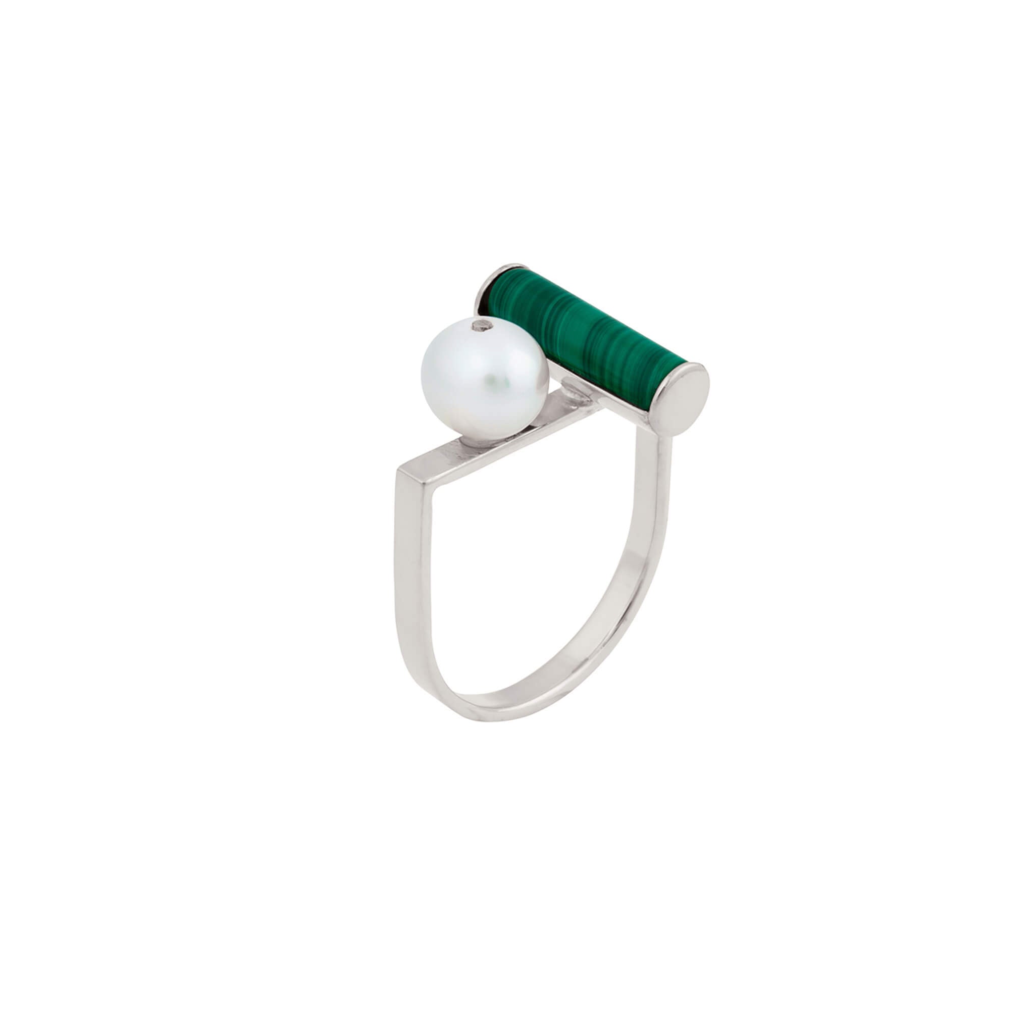 silver u shape pearl malachite ring