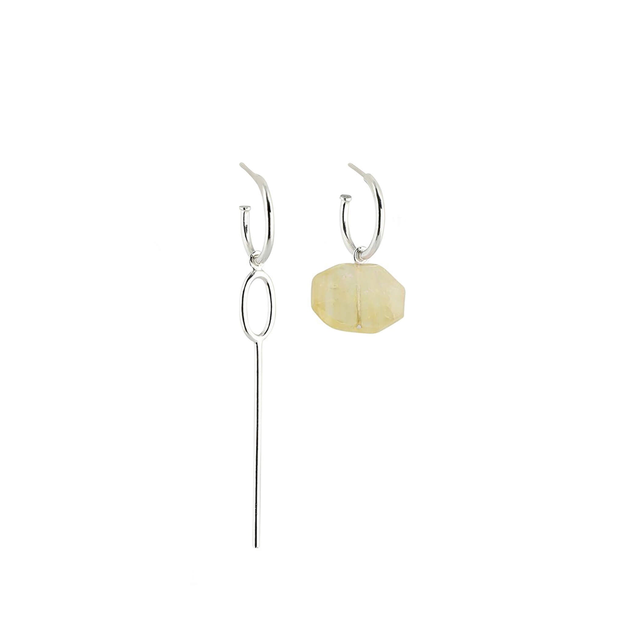 silver asymmetric citrine hoop earrings