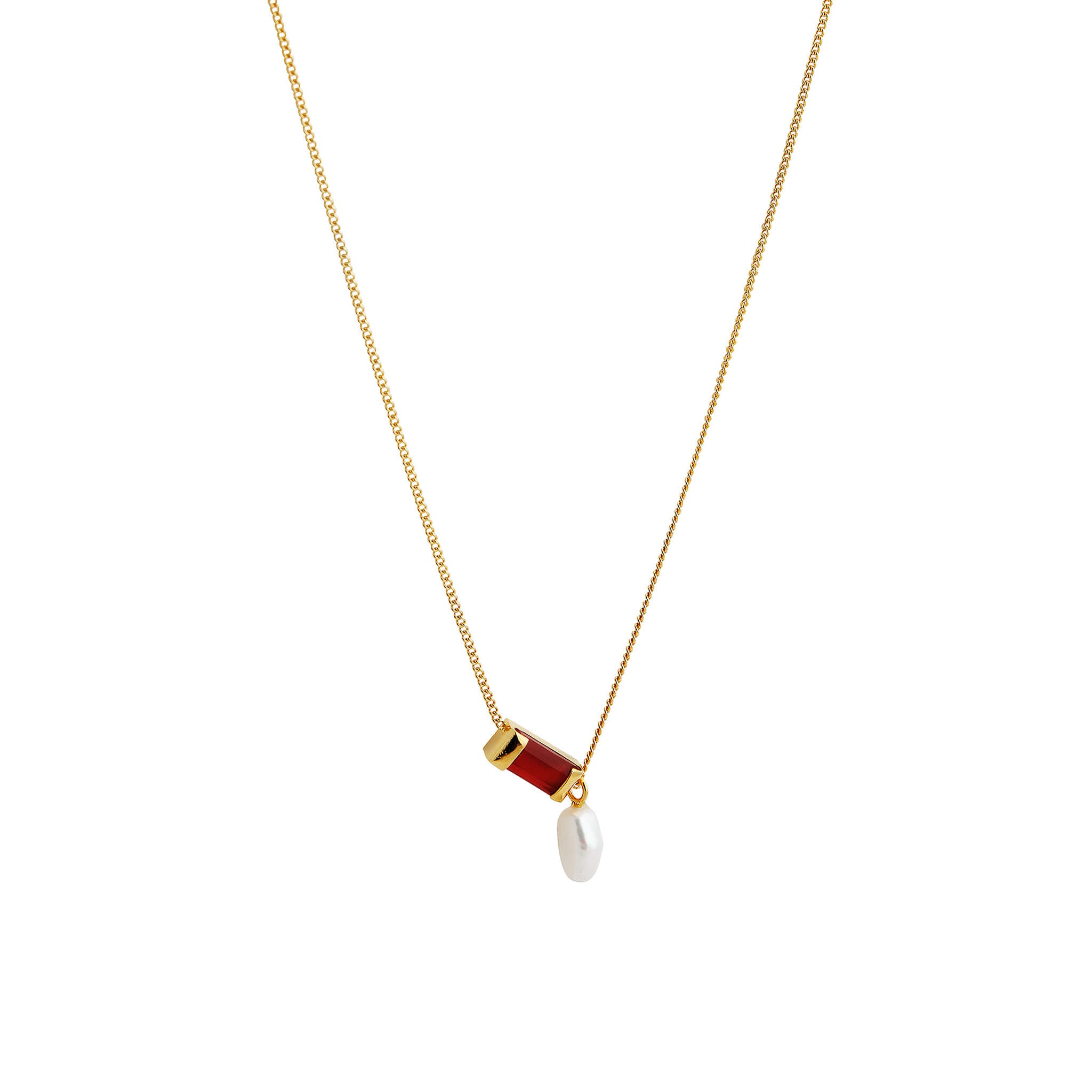 gold-plated bar necklace with carnelian agate and baroque pearl