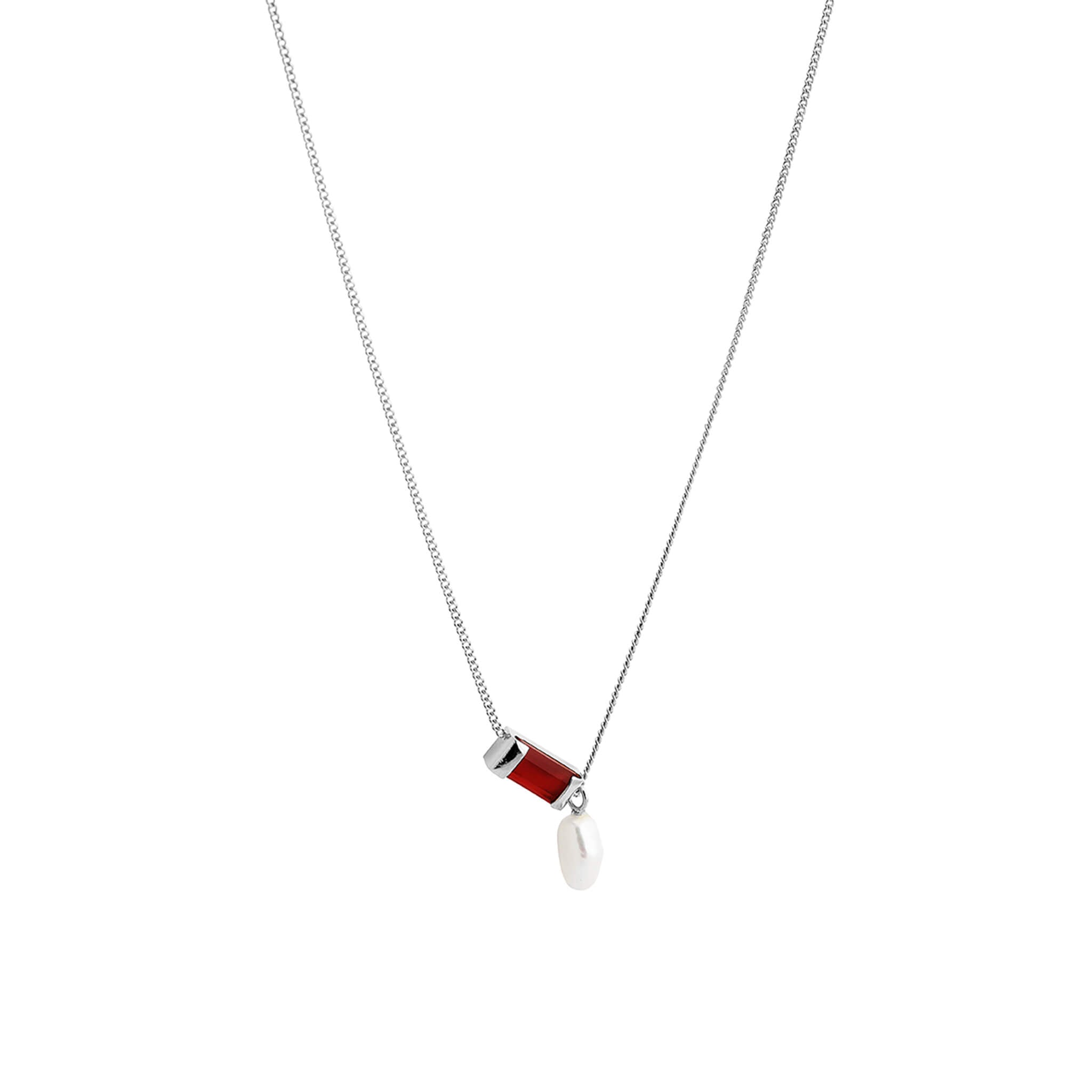 silver bar necklace with carnelian agate and baroque pearl