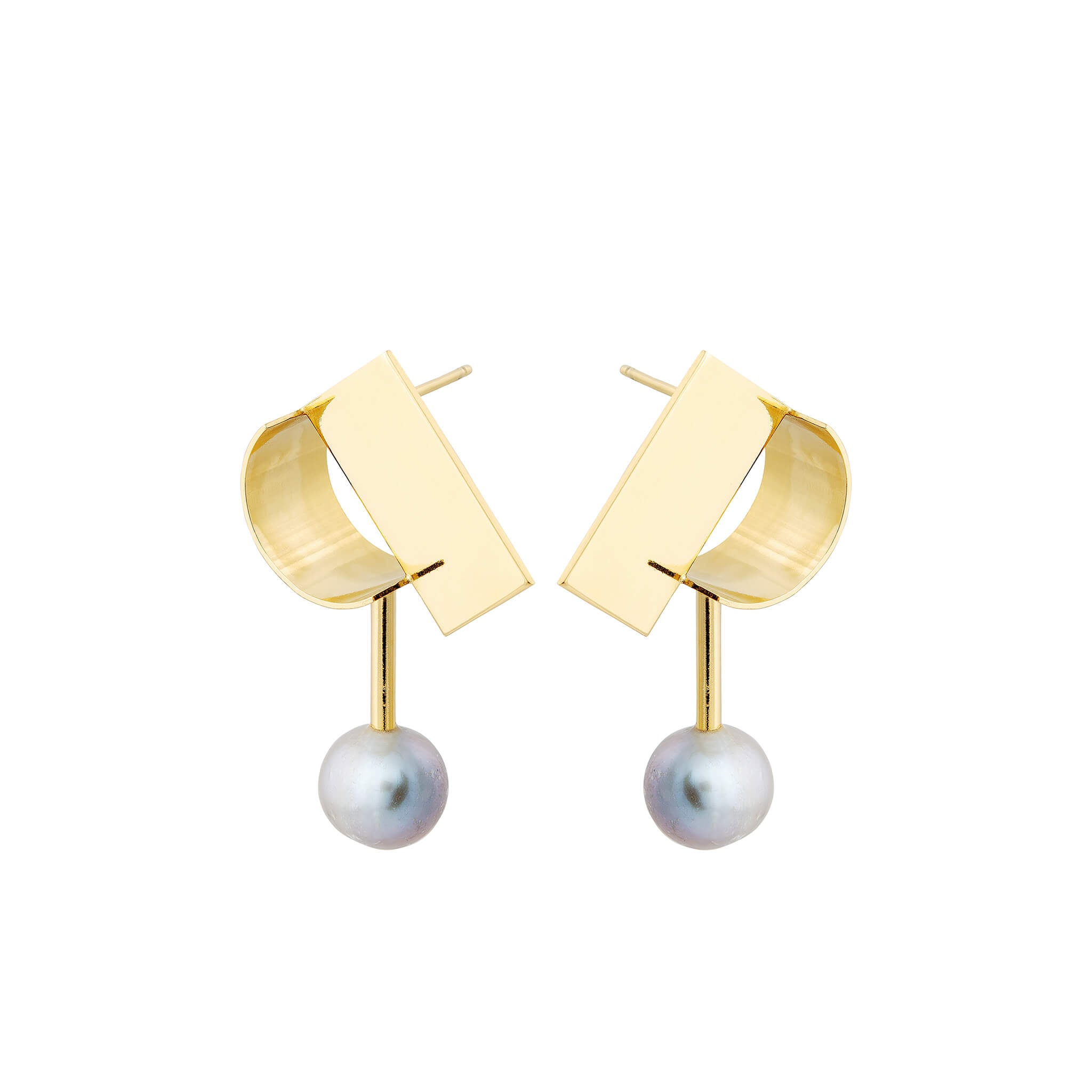 gold-plated script earrings with grey pearl