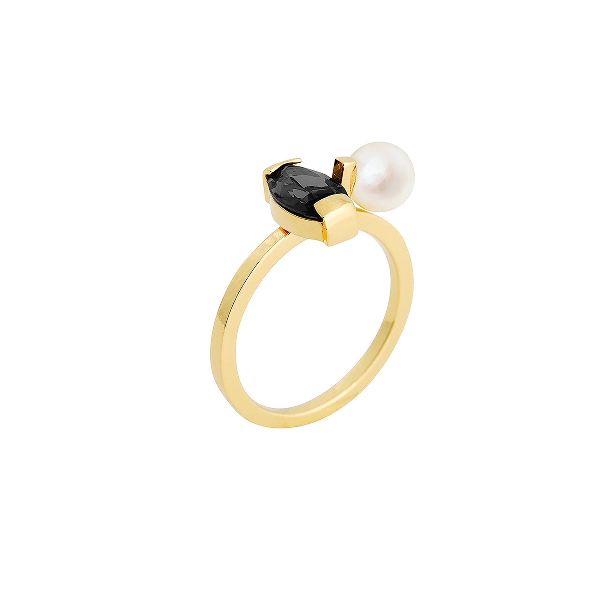 gold-plated serif ring with onyx and pearl