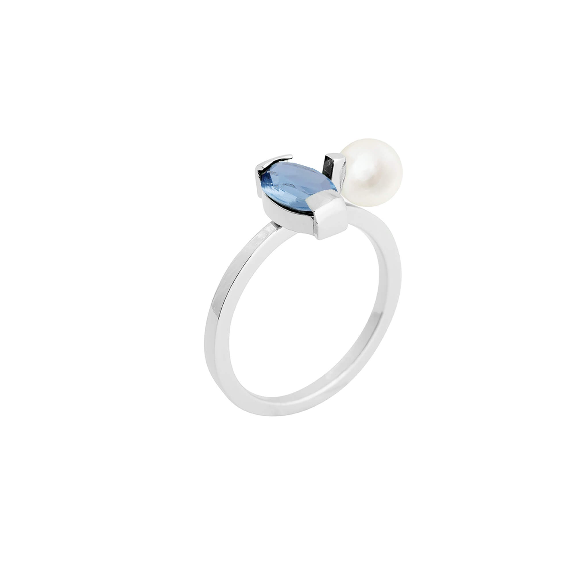 Serif ring with vintage blue stone and pearl