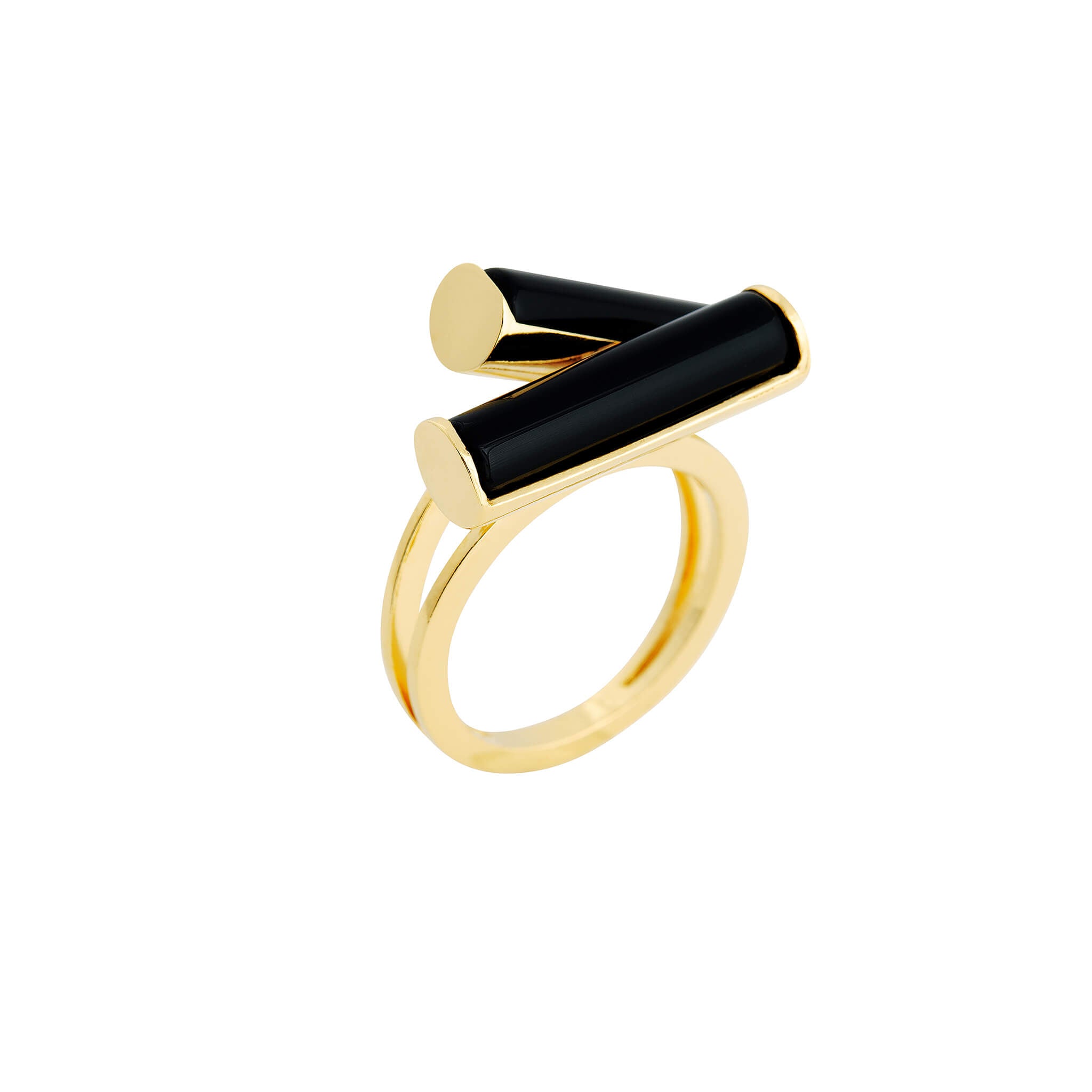 gold-plated serif double ring with black agate