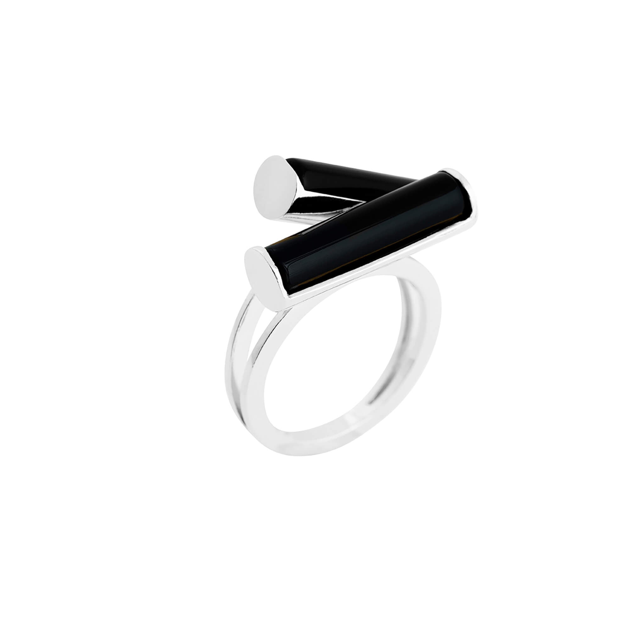 silver serif double ring with black agate