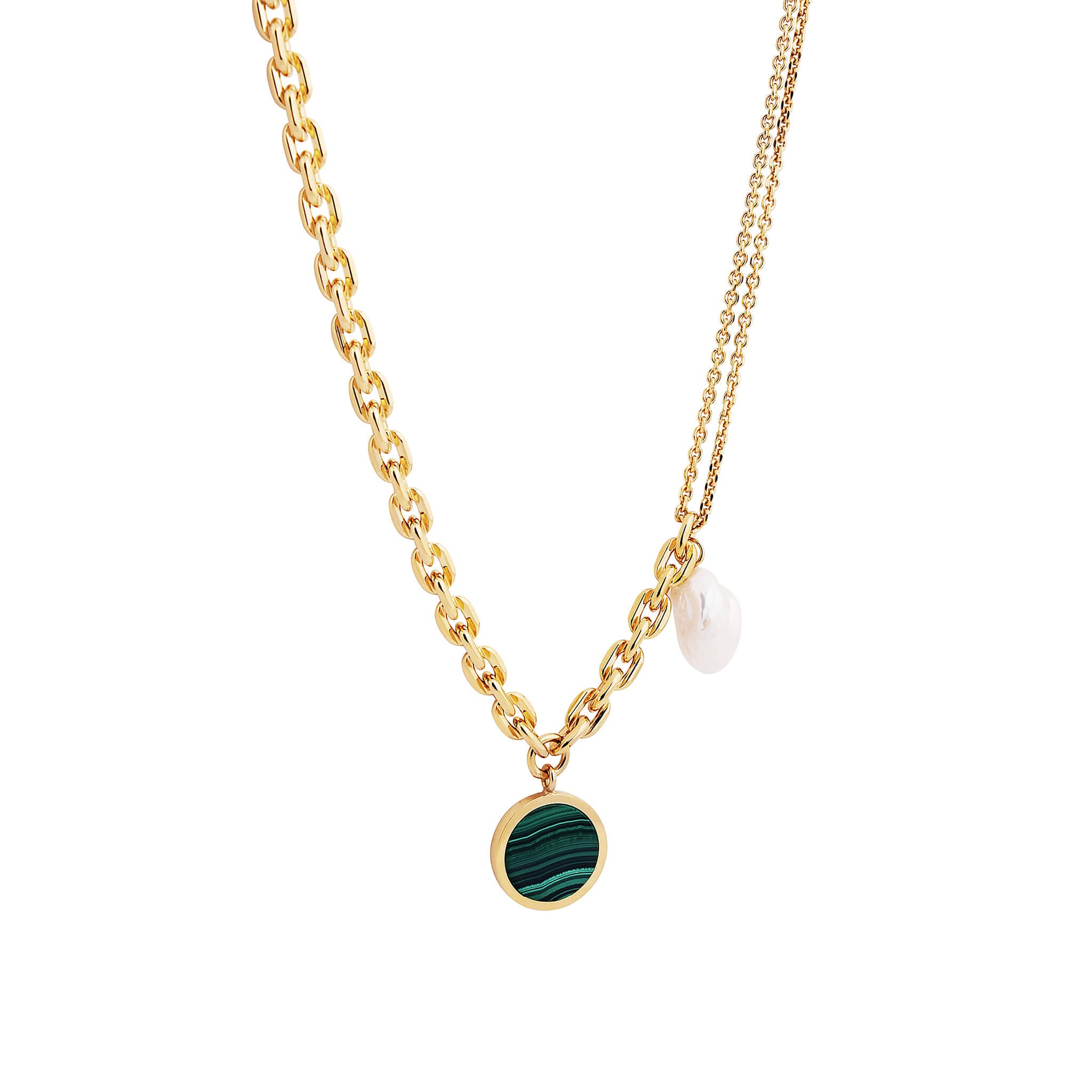 gold-plated decade necklace with malachite and baroque pearl