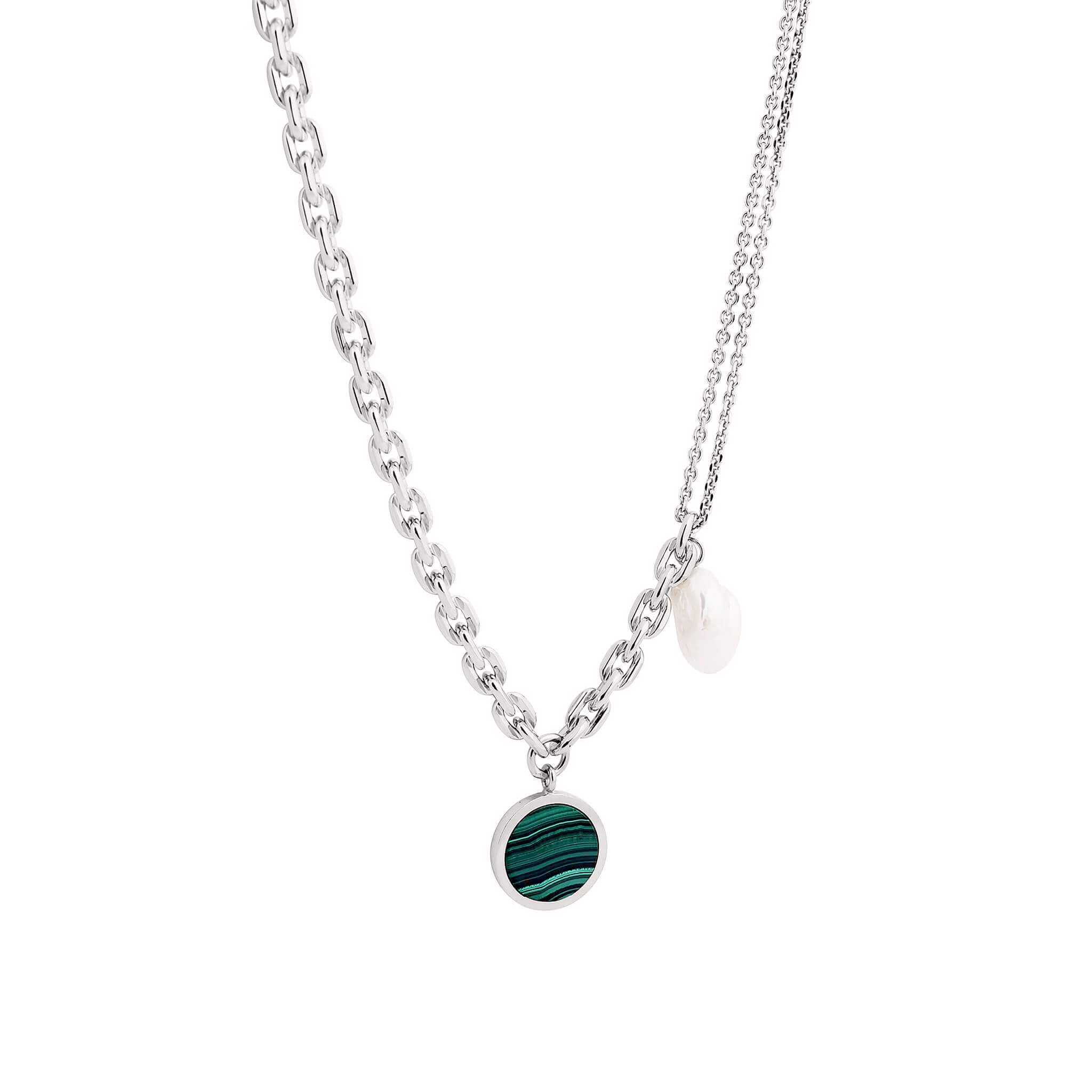 silver decade necklace with malachite and baroque pearl