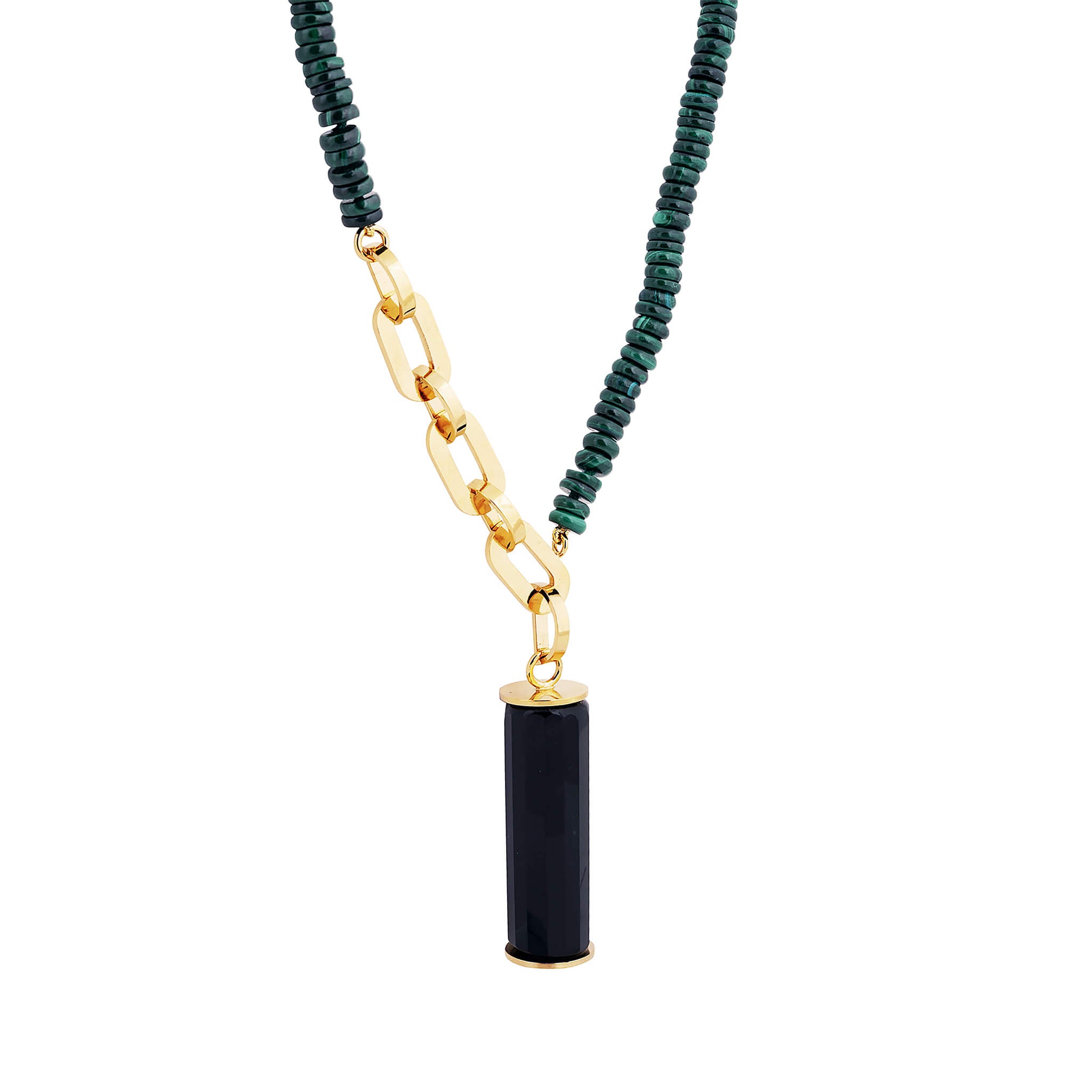 gold-plated decade statement necklace with malachite and agate