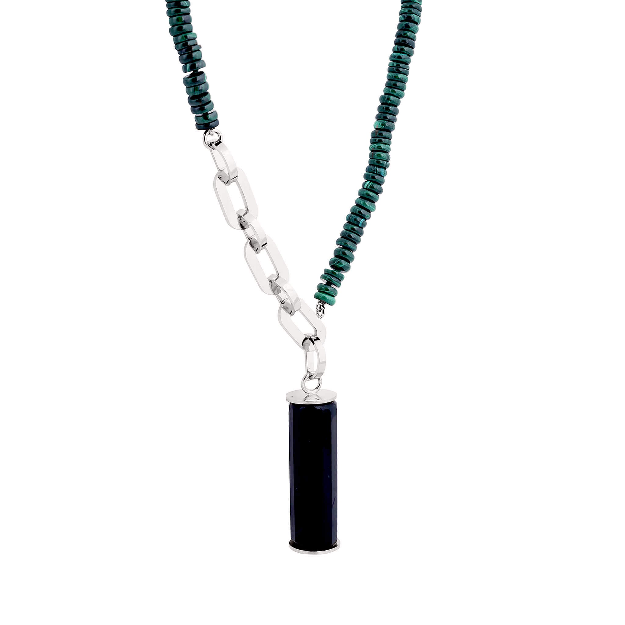 silver decade statement necklace with malachite and agate