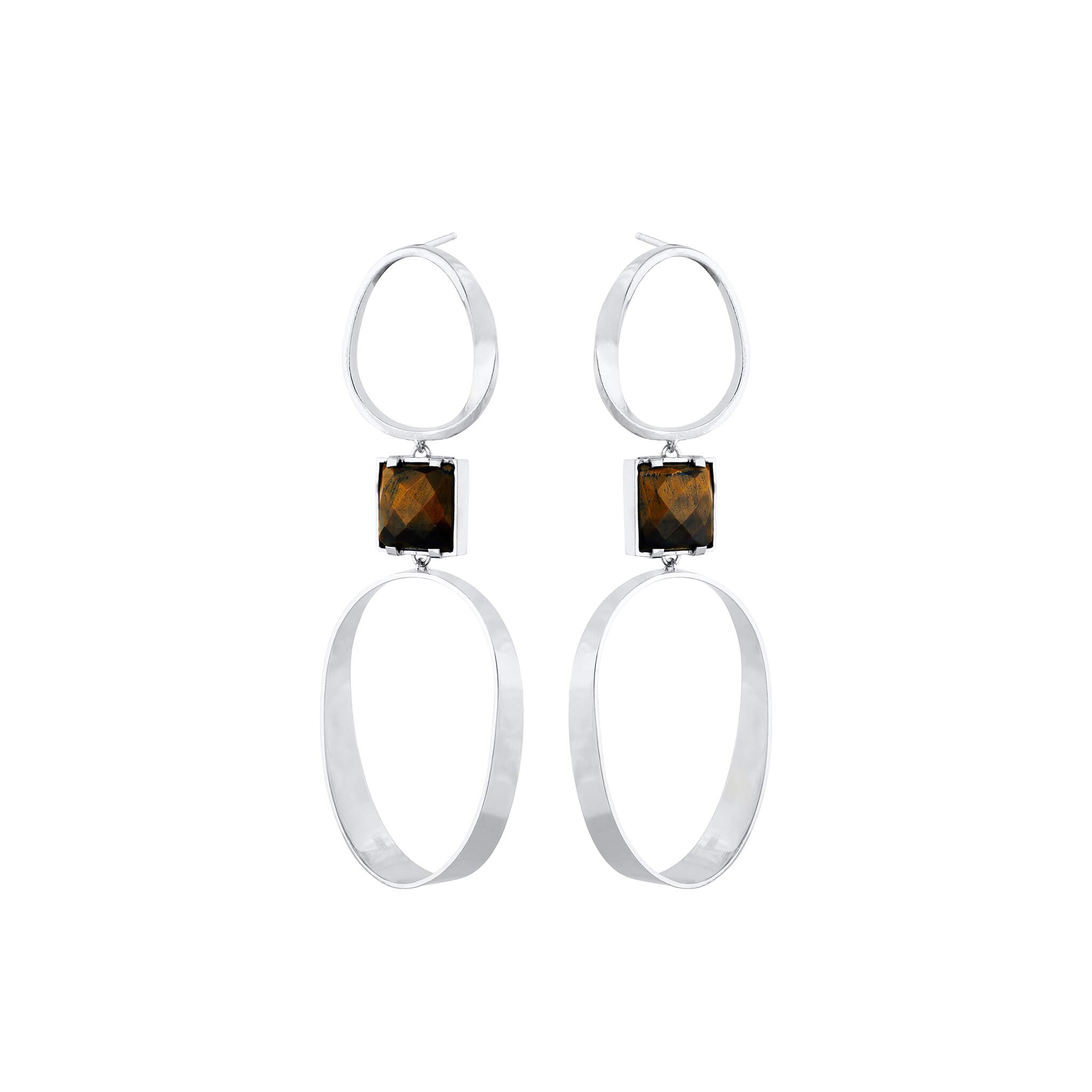 silver curve earrings with tiger-eye