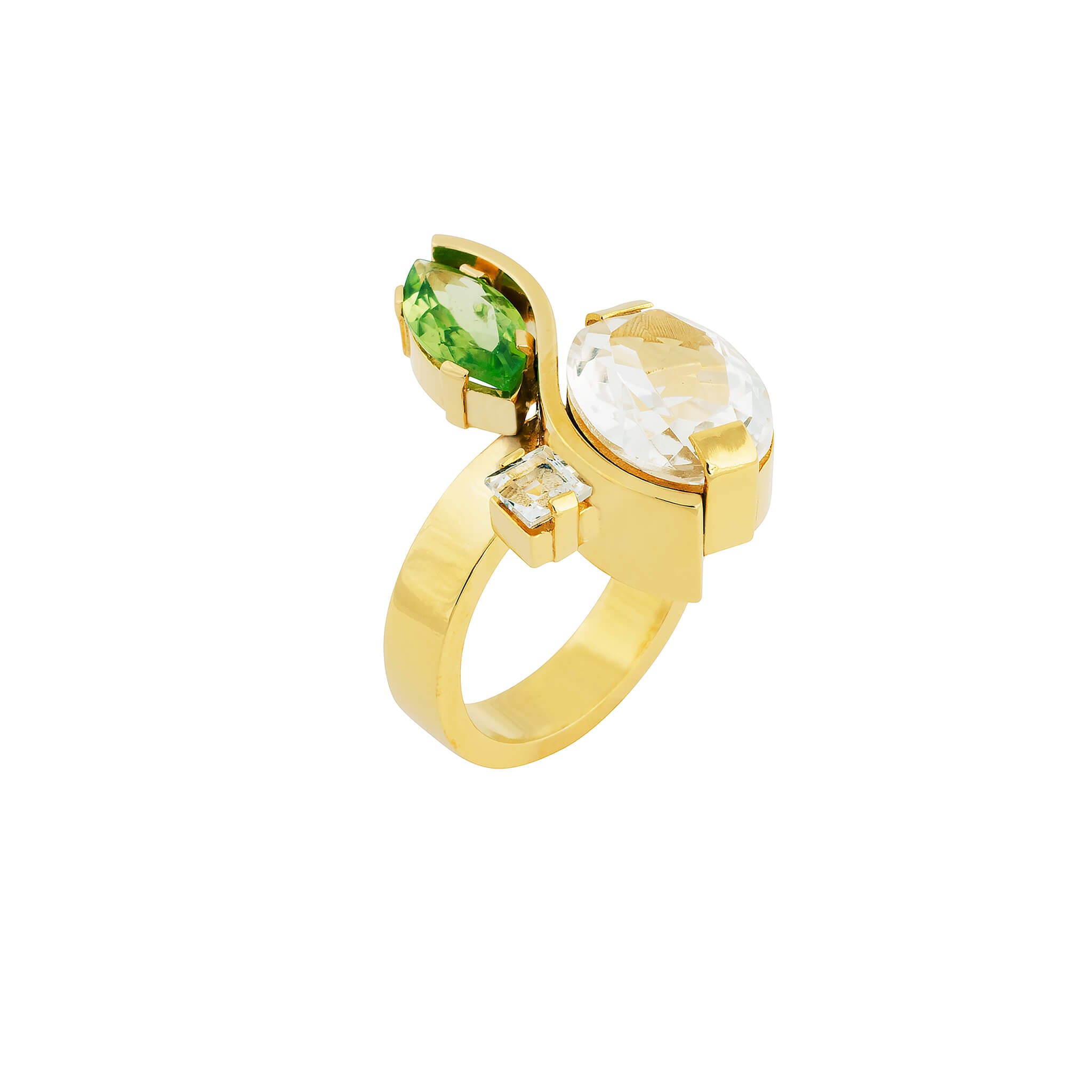 gold-plated twist ring with peridot and crystal