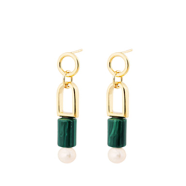 goldplated decade earrings with malachite and baroque pearl