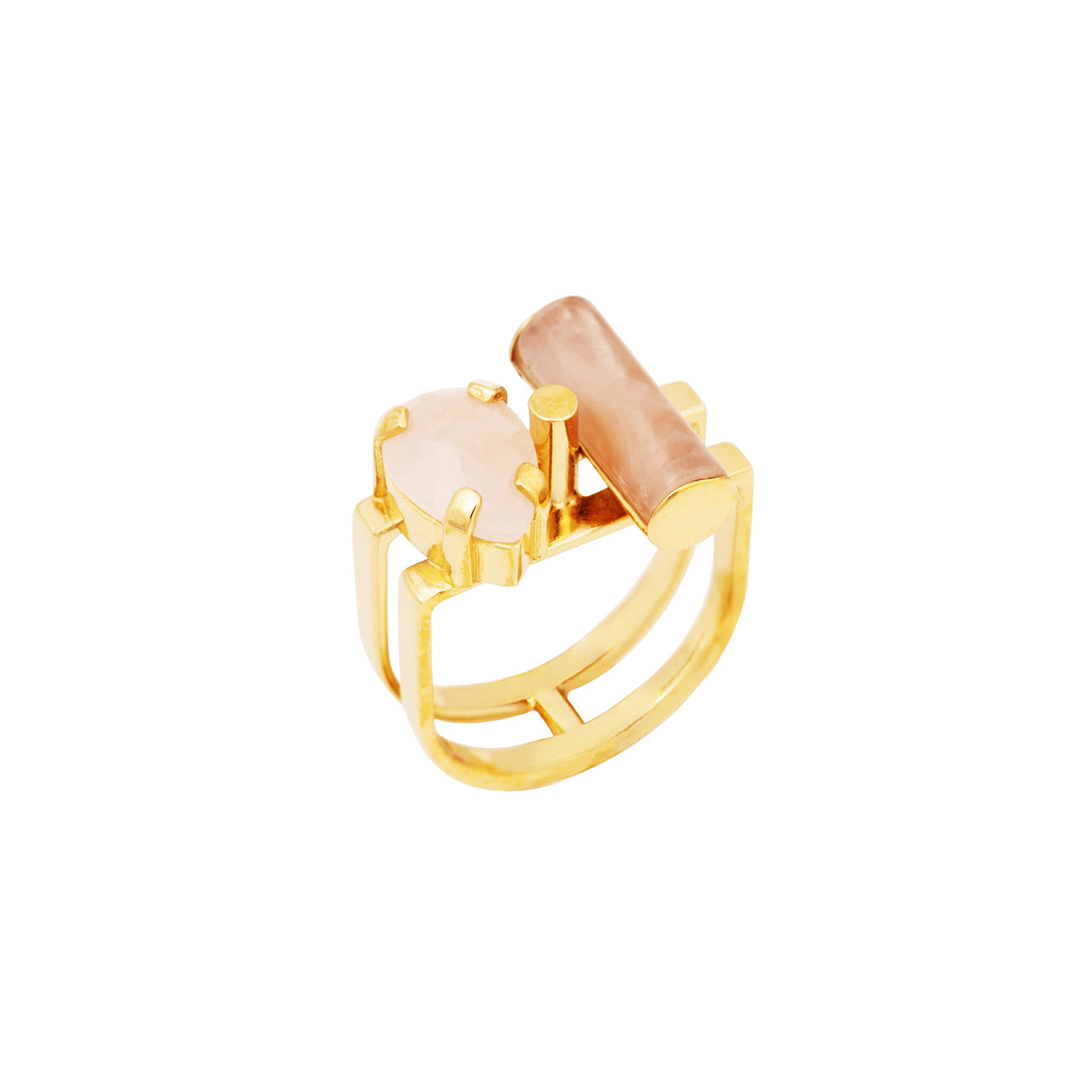 goldplated tube ring with rose quartz
