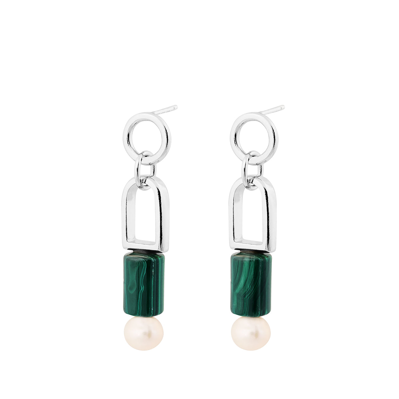 silver decade earrings with malachite and baroque pearl
