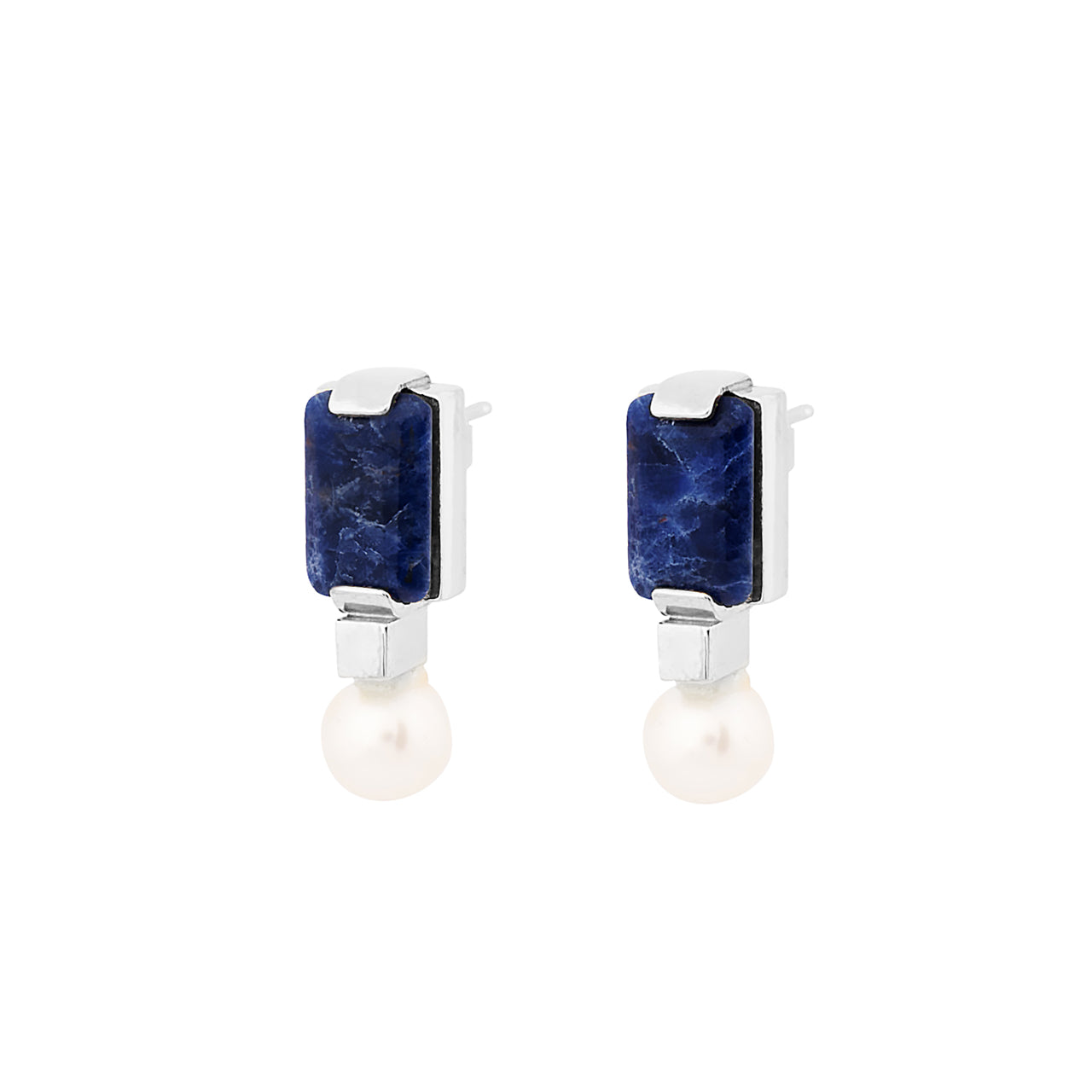 silver milestone earrings with sodalite and pearl
