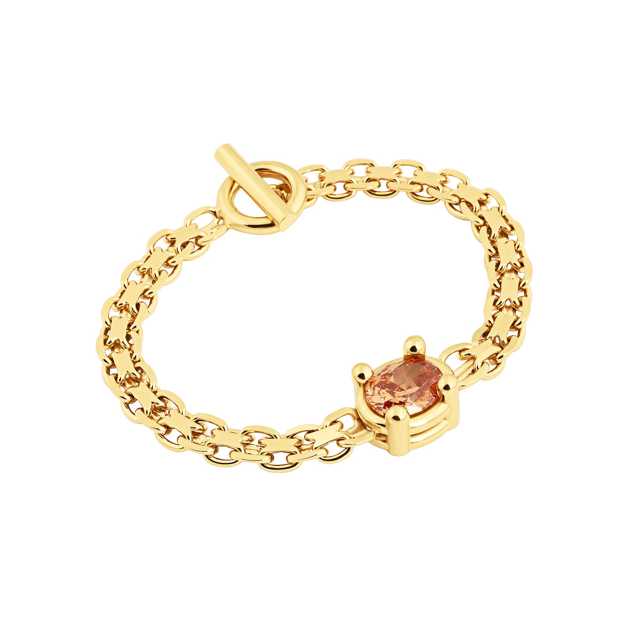 Drip T-lock bracelet with cubic zirconia in gold finish featuring an oval-cut orange stone in a four-prong setting.