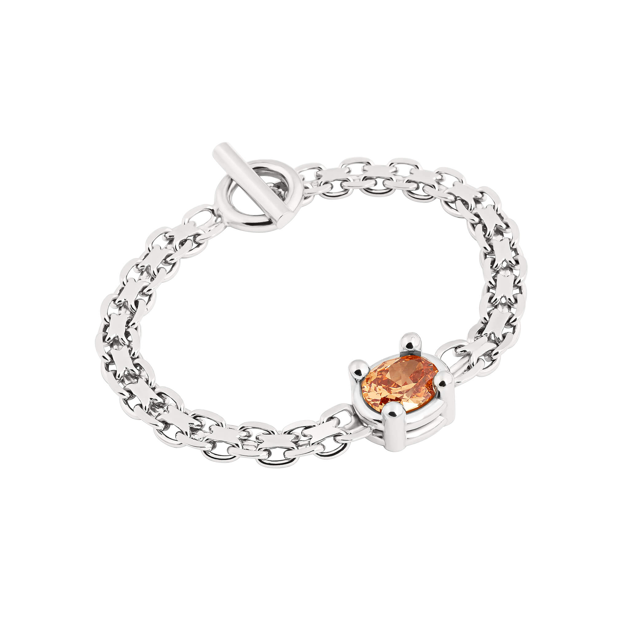 Drip T-lock bracelet with cubic zirconia in silver featuring an oval-cut orange stone in a four-prong setting.
