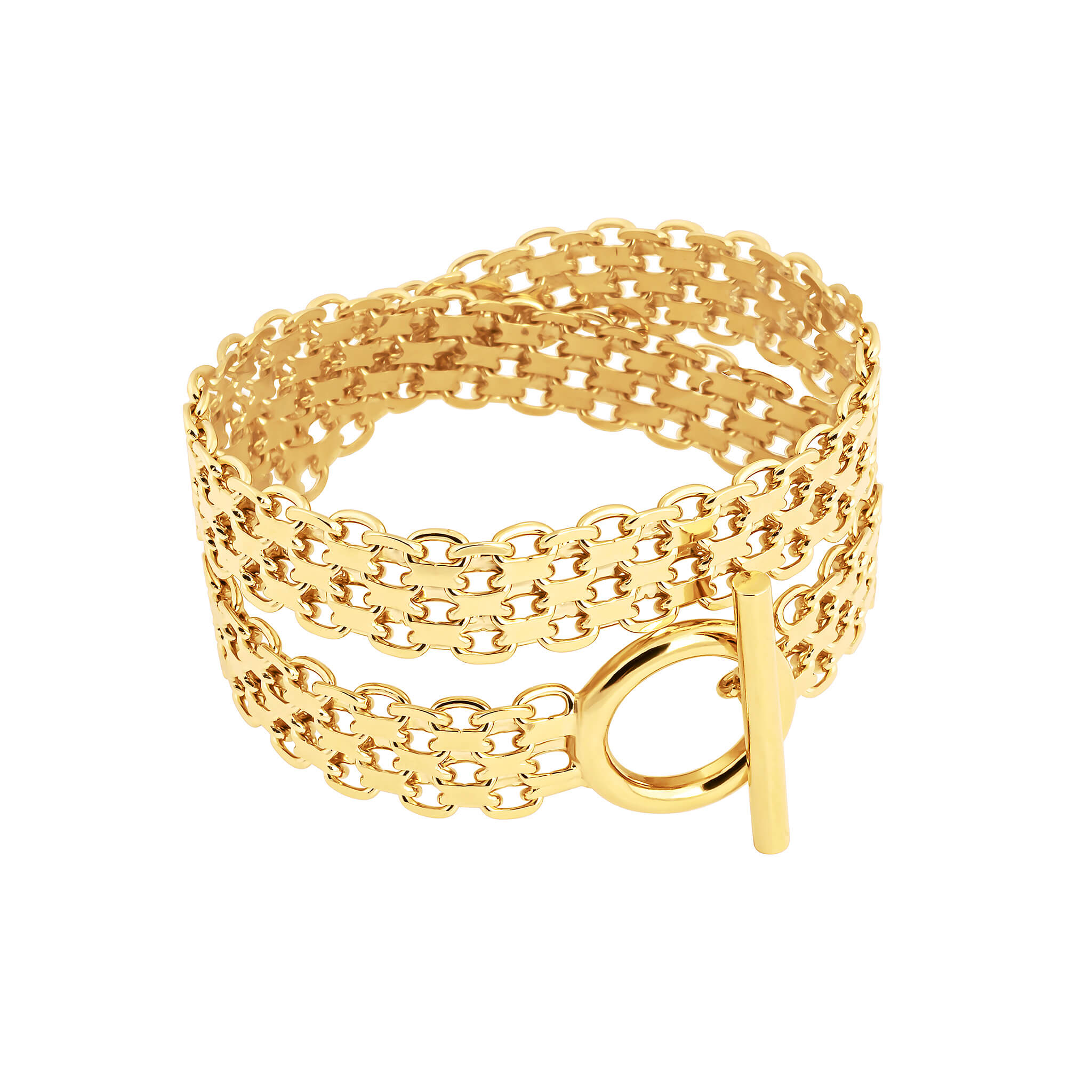 Drip T-lock bracelet in gold finish with layered chain design and T-bar toggle clasp.