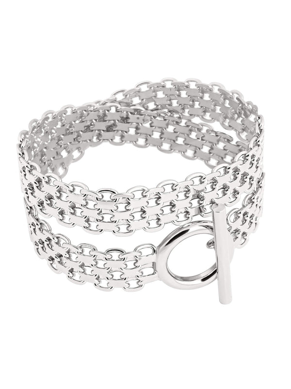 Drip T-lock bracelet in silver with layered chain design and T-bar toggle clasp.
