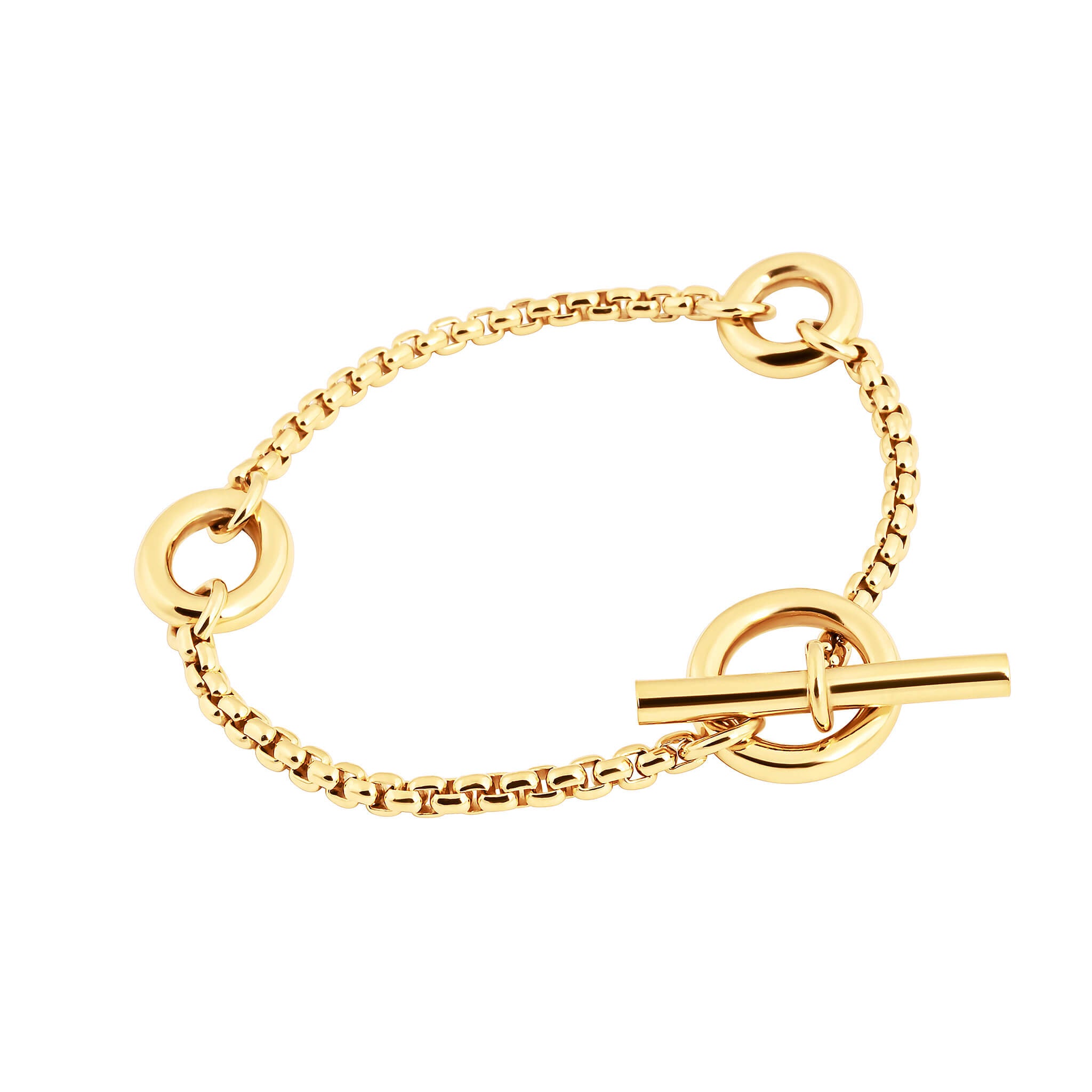 Splash bracelet in gold finish with a rounded link chain and T-bar toggle clasp.
