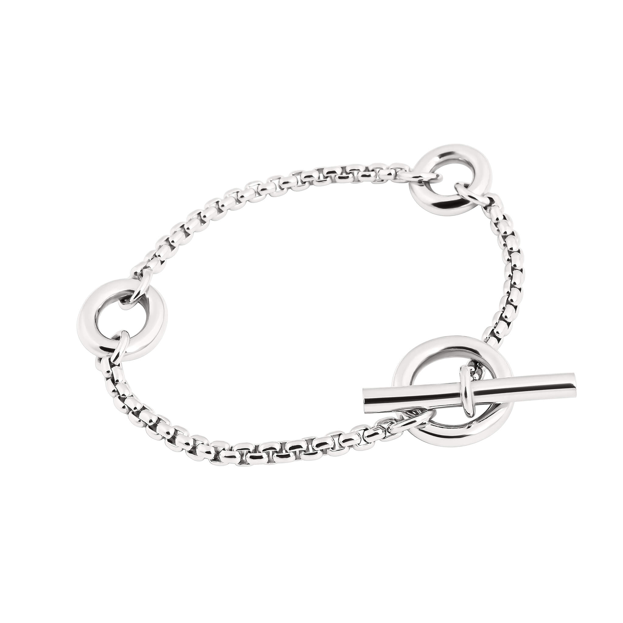 Splash bracelet in silver with a rounded link chain and T-bar toggle clasp.