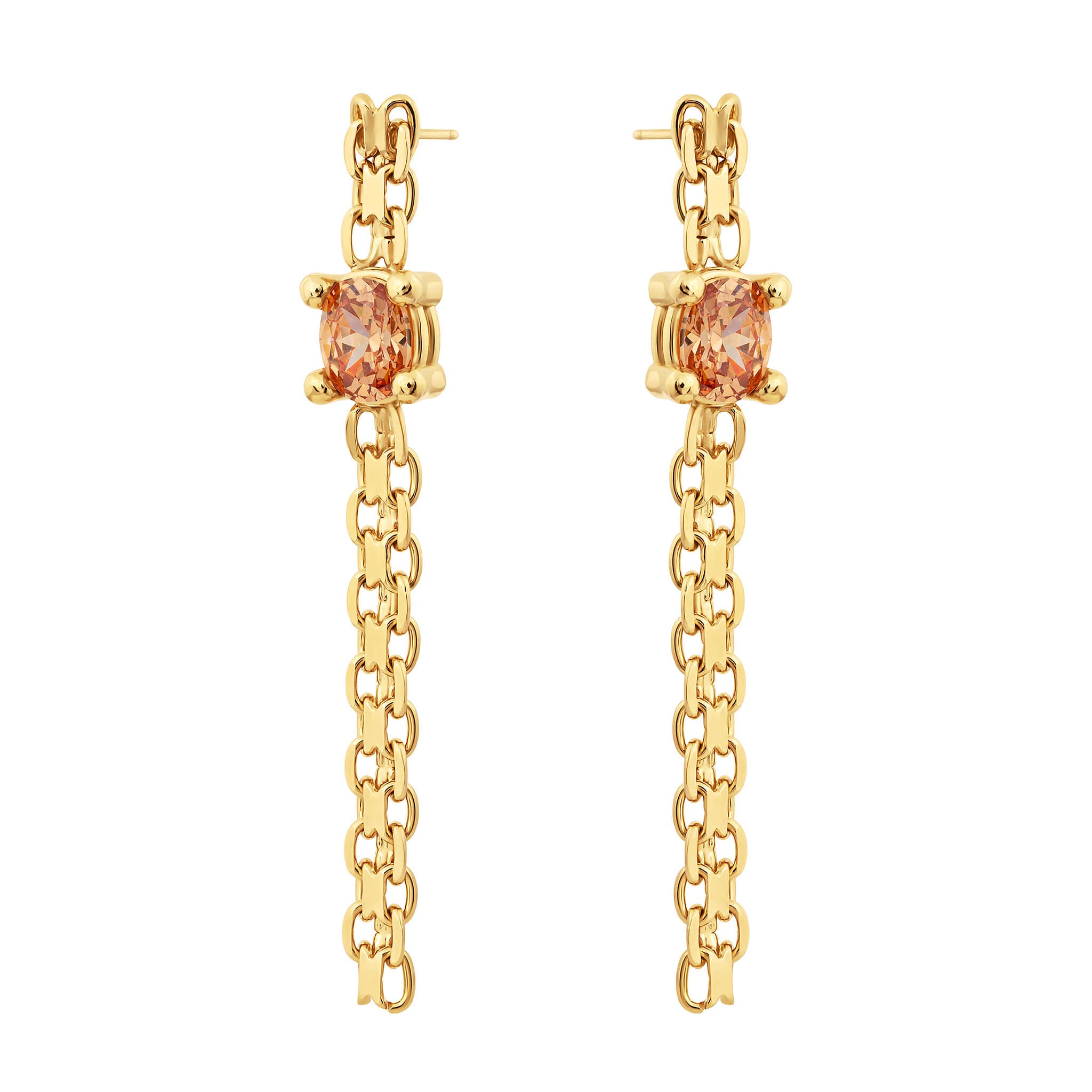 Drip earrings in gold finish featuring oval-cut orange cubic zirconia with chain drop design.