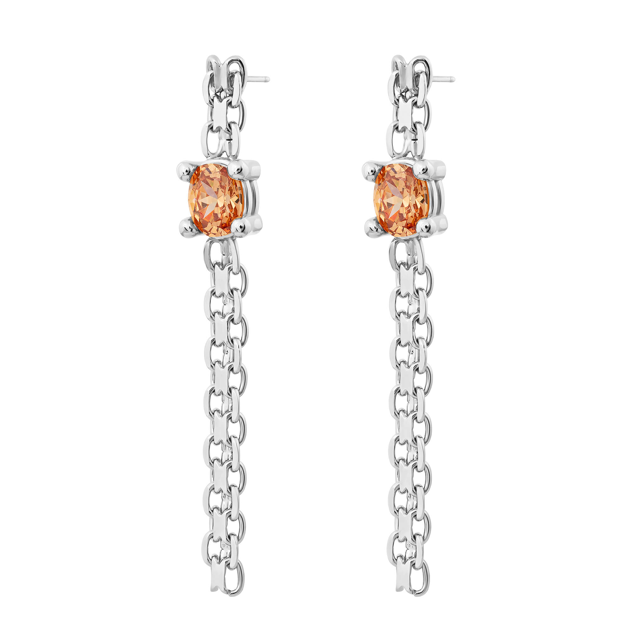 Drip earrings in silver featuring oval-cut orange cubic zirconia with chain drop design.