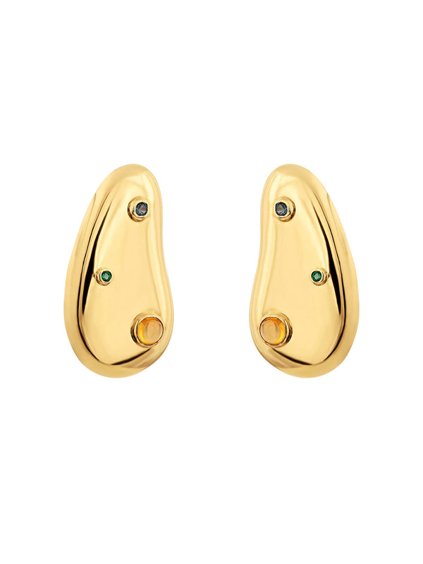 Spill earrings in gold finish featuring blue, green and orange round gemstones set on organic-shaped stud earrings.