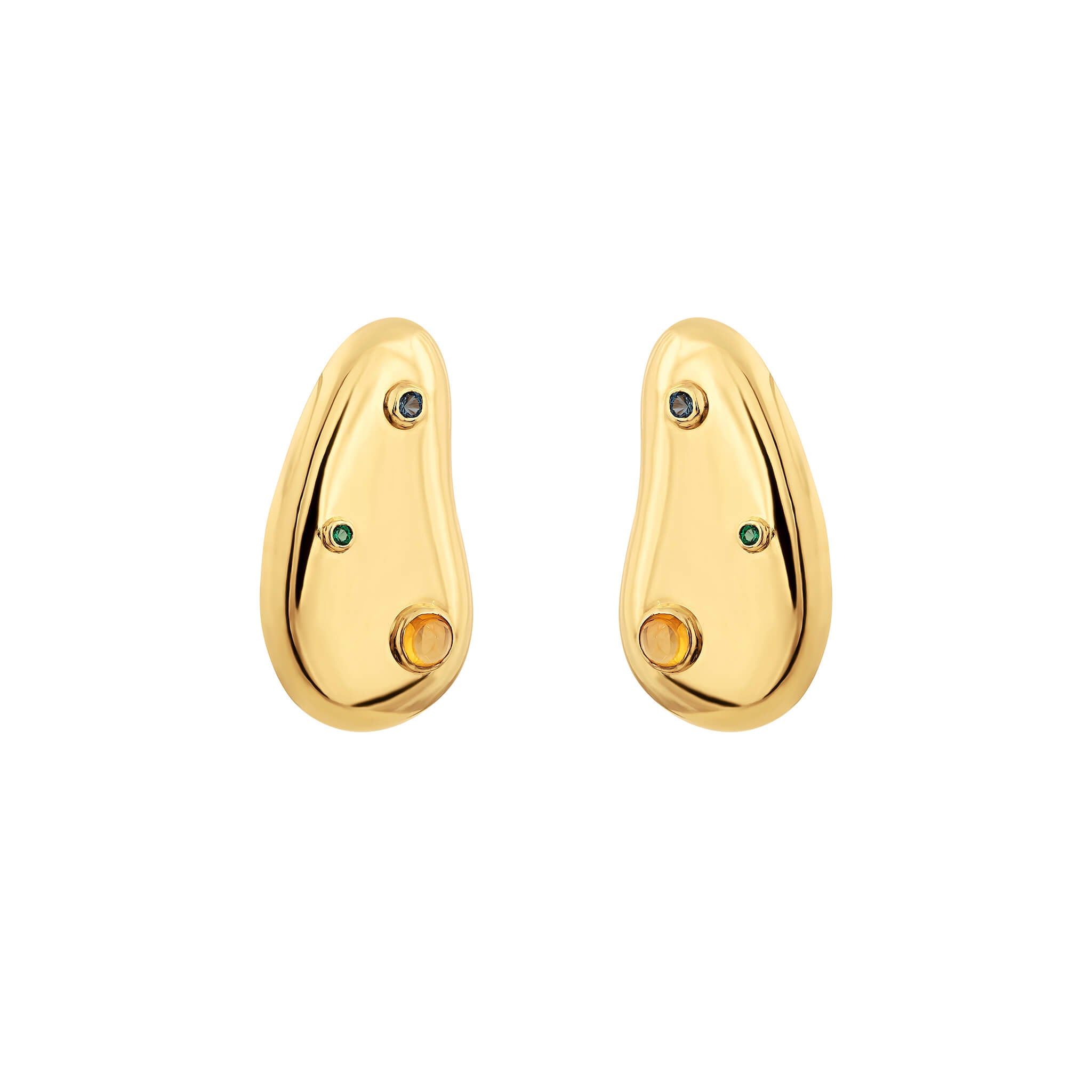 Spill earrings in gold finish featuring blue, green and orange round gemstones set on organic-shaped stud earrings.