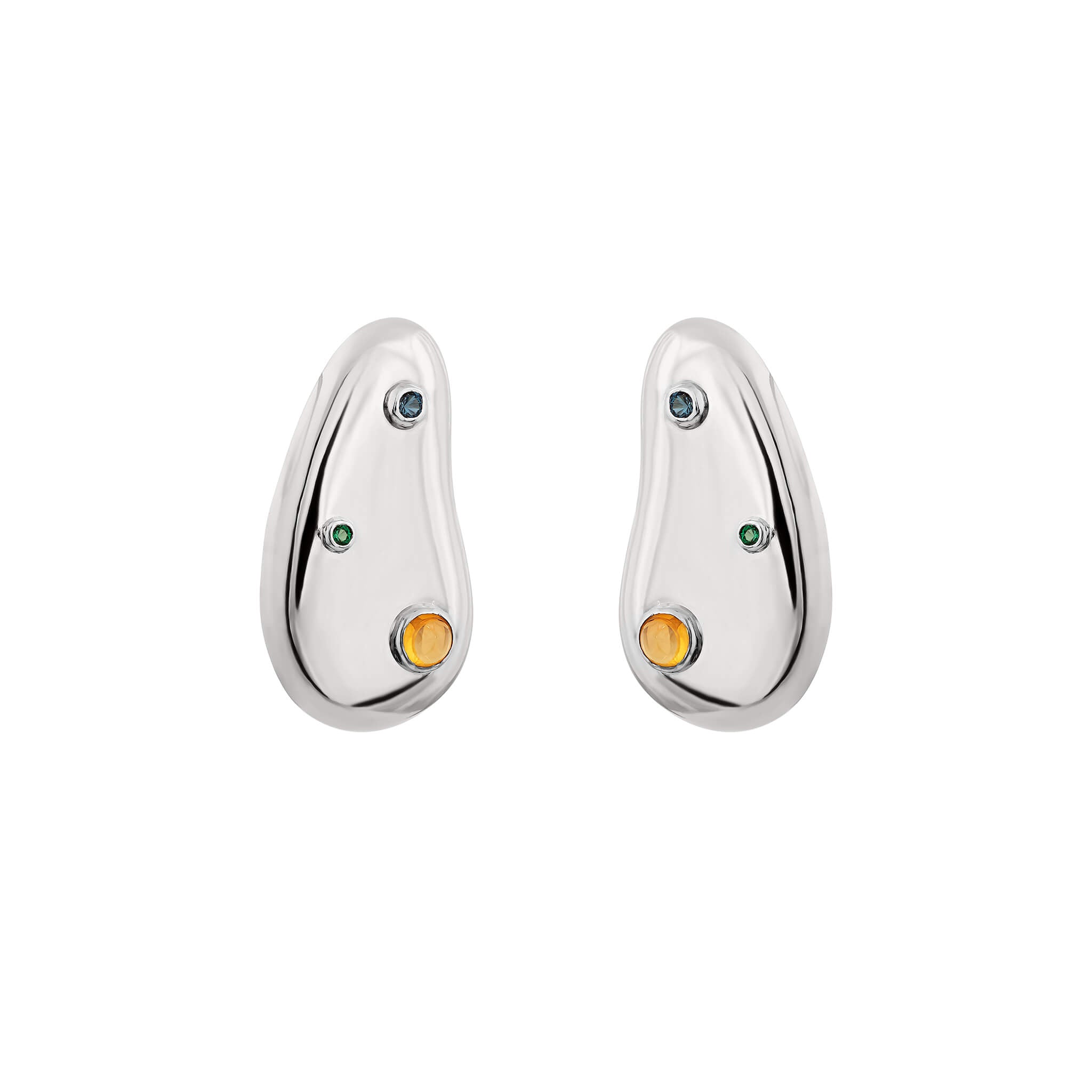Spill earrings in silver finish featuring blue, green and orange round gemstones set on organic-shaped stud earrings.