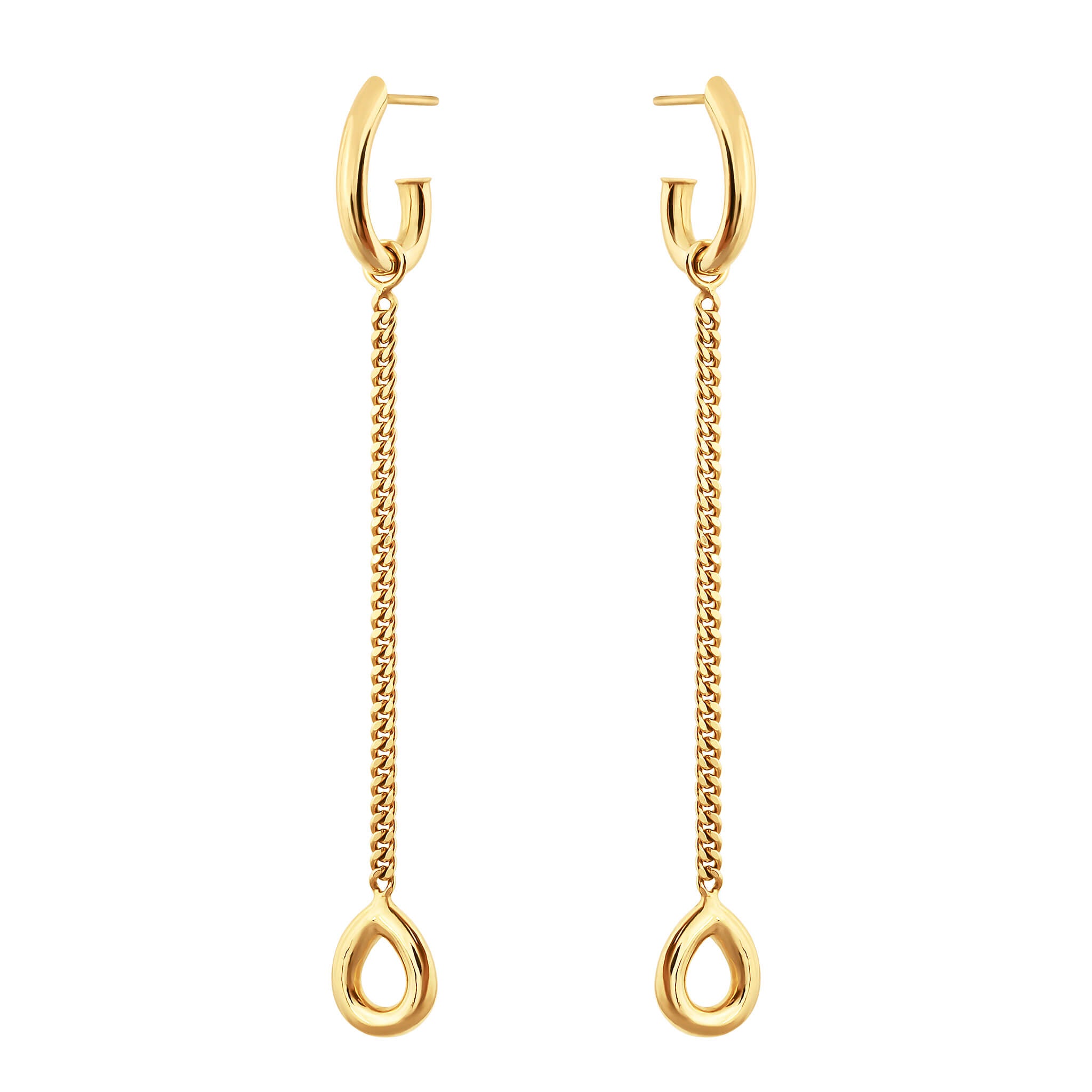 Splash earrings in gold finish with chain drop design and open teardrop pendants on hoop earrings.