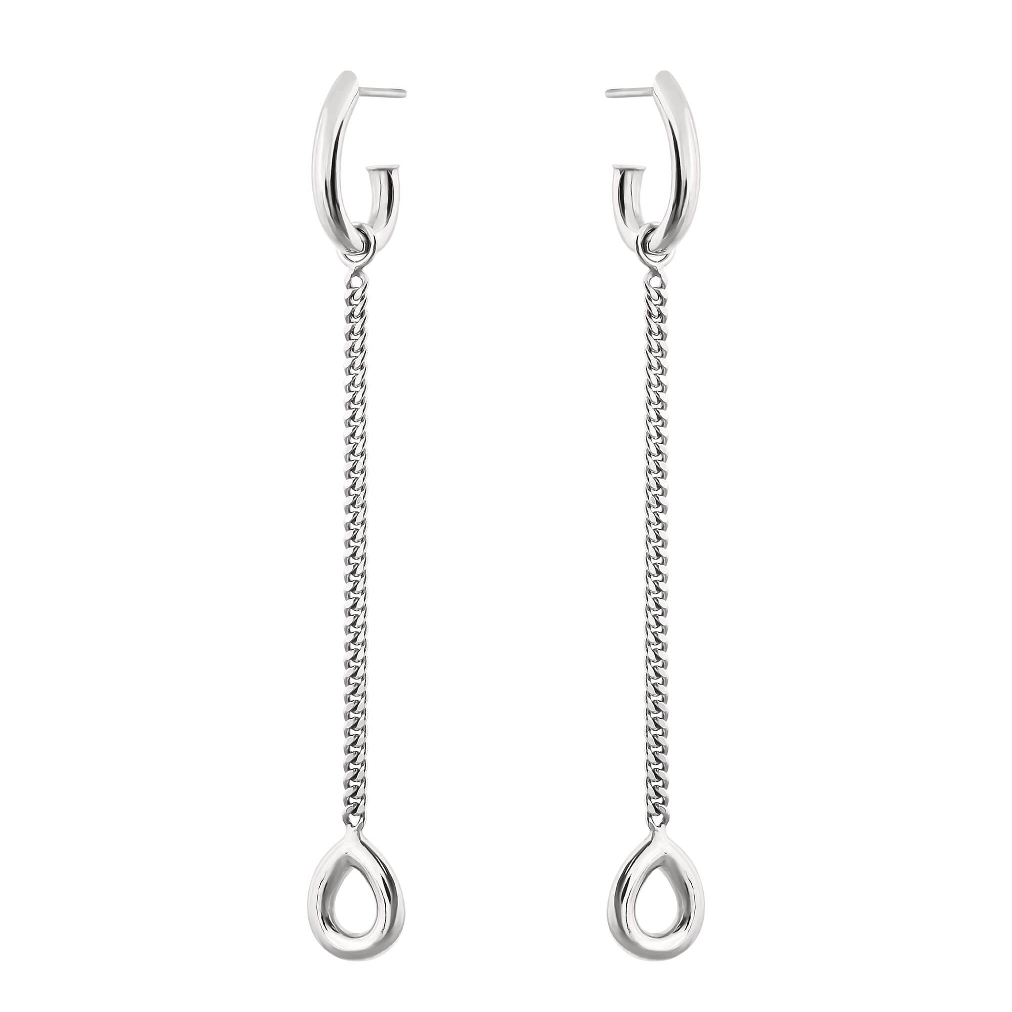 Splash earrings in silver with chain drop design and open teardrop pendants on hoop earrings.