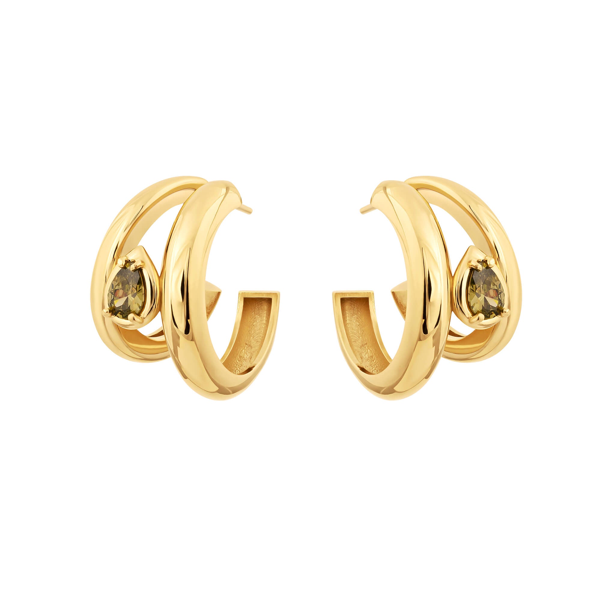 Drop hoops with cubic zirconia in gold finish featuring pear-cut green cubic zirconia between double hoop earrings.