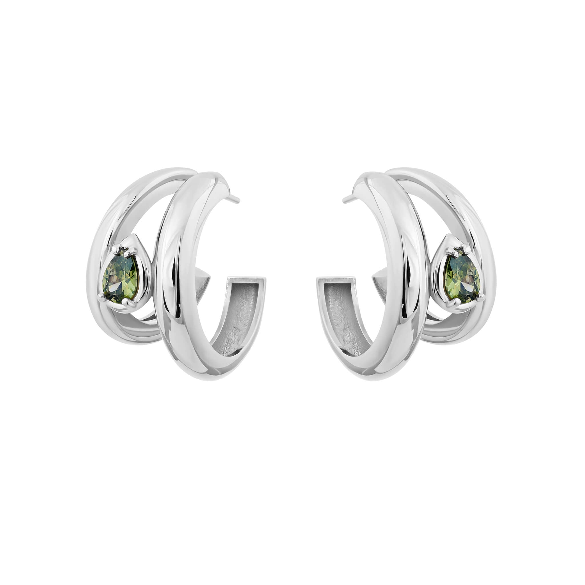 Drop hoops with cubic zirconia in silver featuring pear-cut green cubic zirconia between double hoop earrings.
