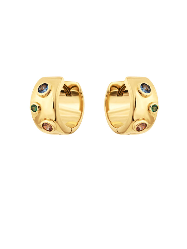 Spill hoops with cubic zirconia in gold finish featuring blue, green and orange round cubic zirconia.