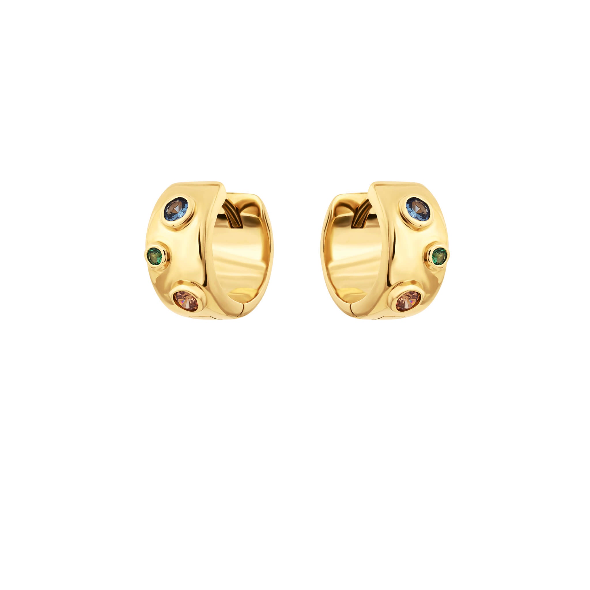 Spill hoops with cubic zirconia in gold finish featuring blue, green and orange round cubic zirconia.