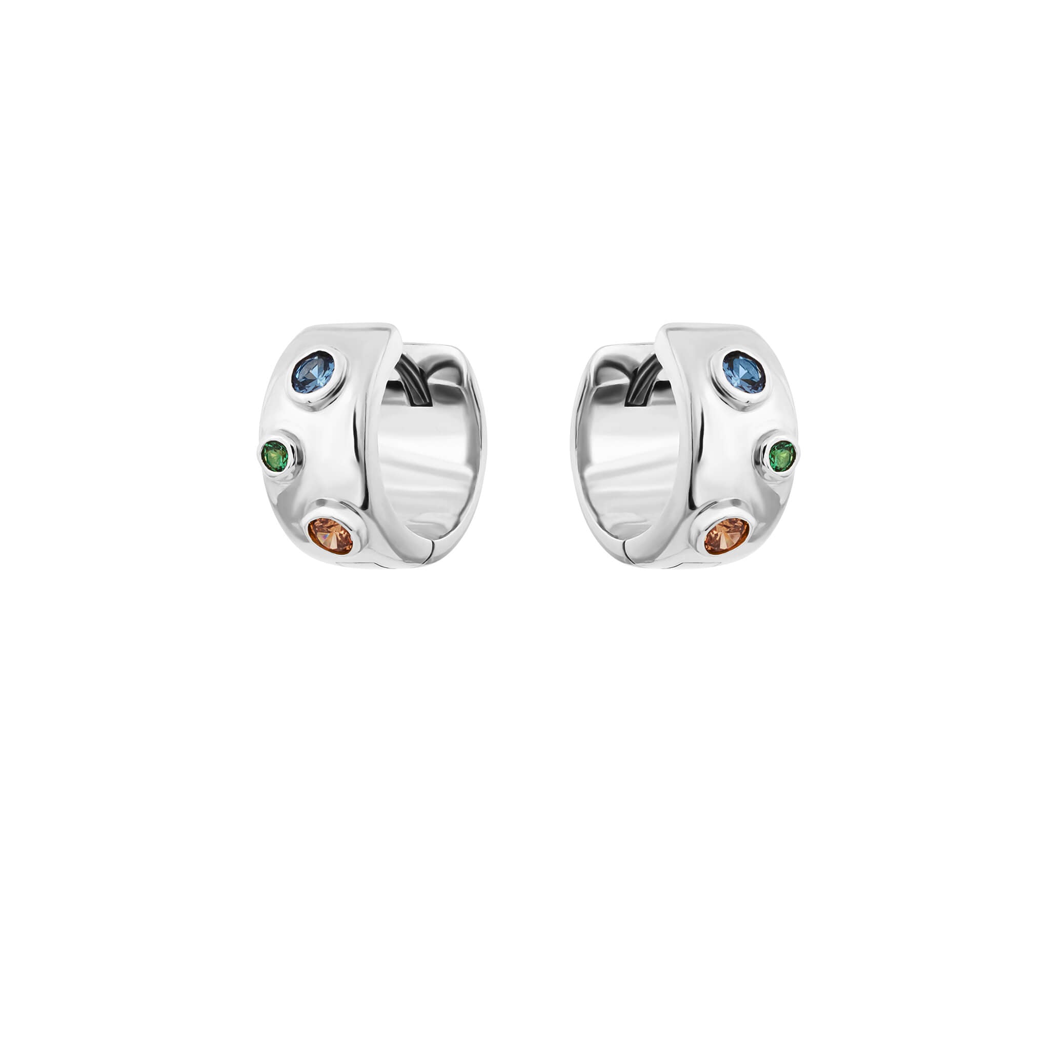 Spill hoops with cubic zirconia in silver finish featuring blue, green and orange round cubic zirconia.