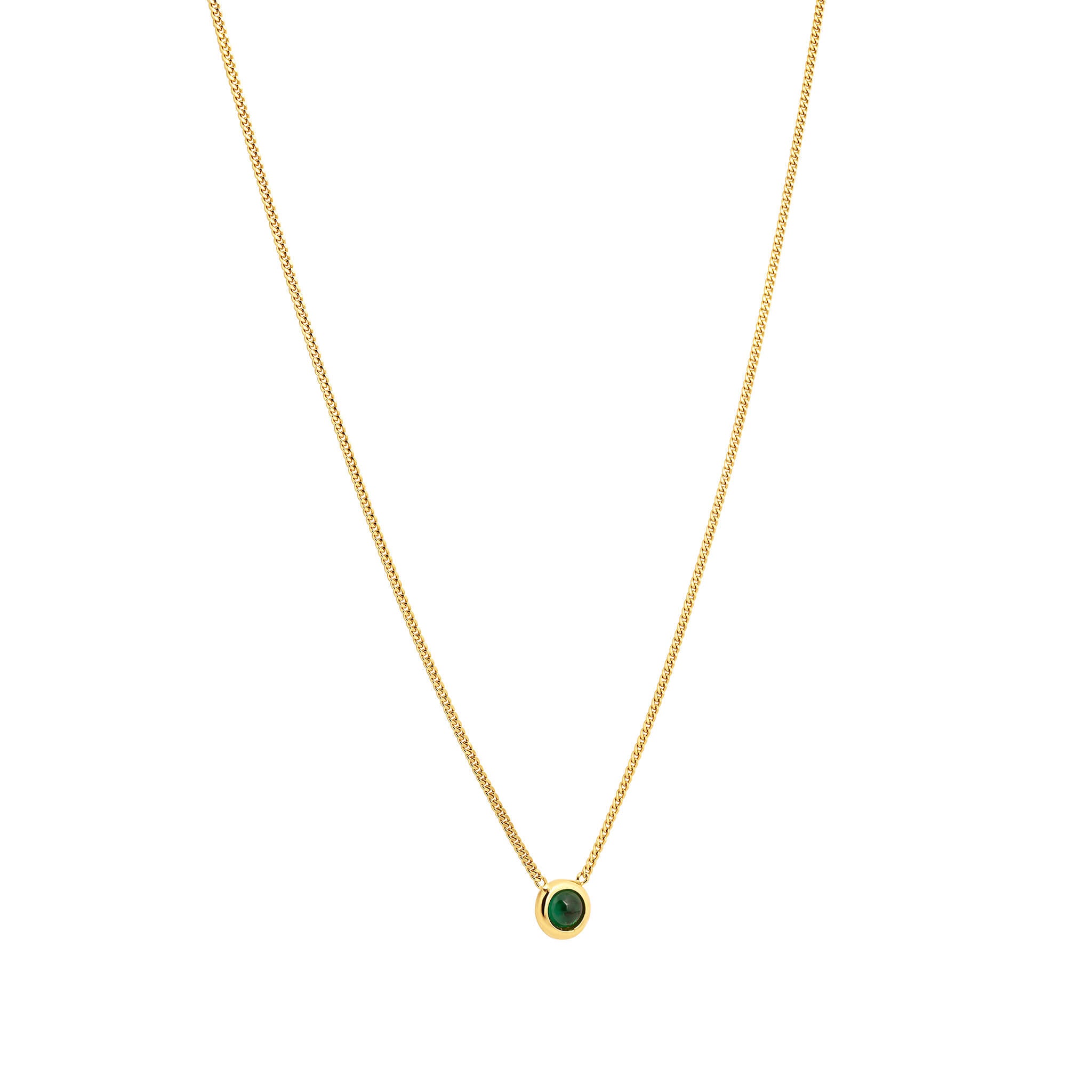 Bubble necklace with cubic zirconia in gold finish featuring a green round cubic zirconia on a gourmet chain.