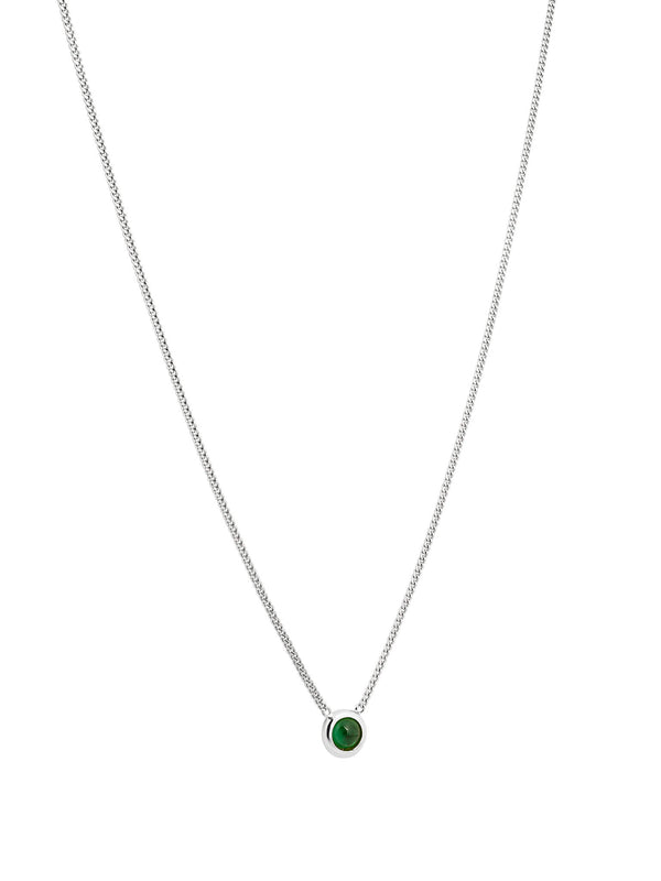 Bubble necklace with cubic zirconia in silver finish featuring a green round cubic zirconia on a gourmet chain.
