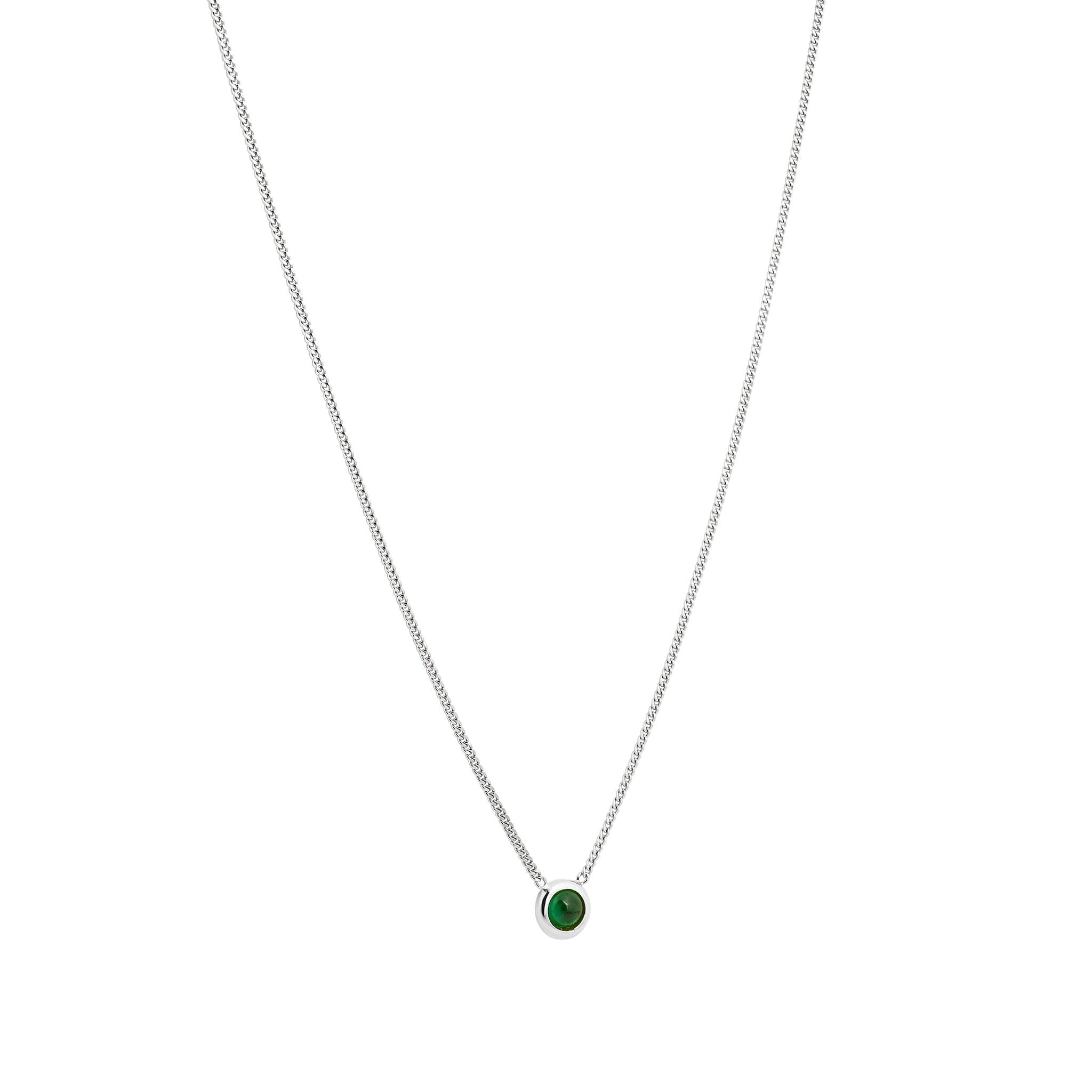 Bubble necklace with cubic zirconia in silver finish featuring a green round cubic zirconia on a gourmet chain.