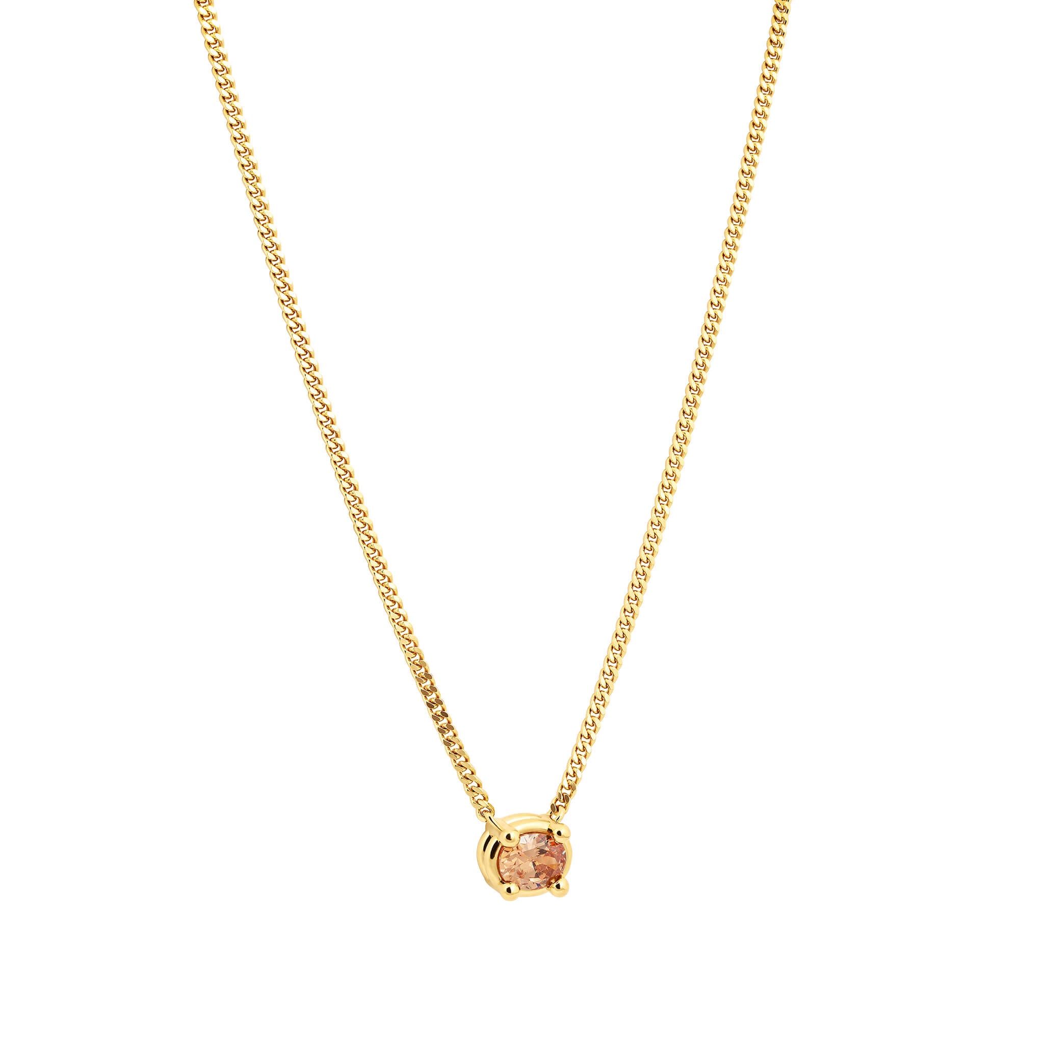 Drip necklace with cubic zirconia in gold finish featuring an oval-cut orange cubic zirconia on a gourmet chain.