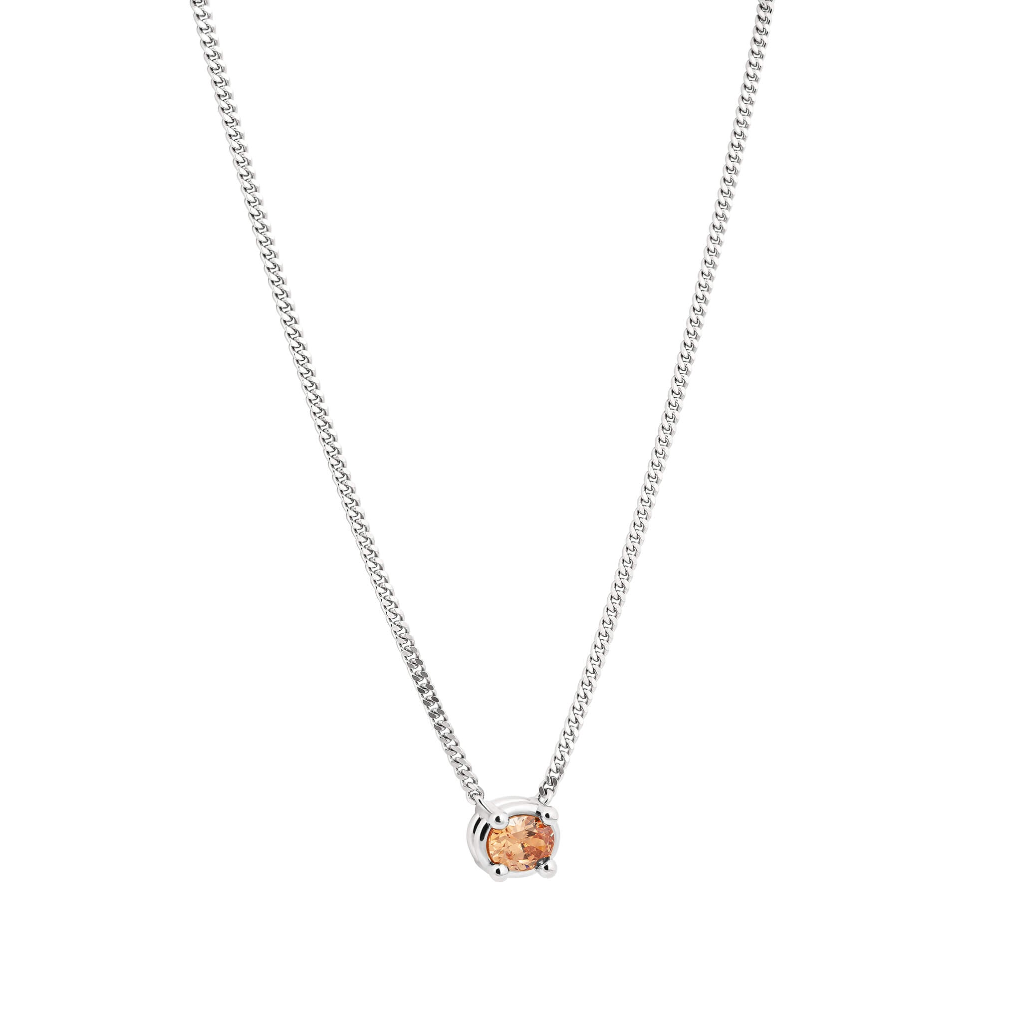 Drip necklace with cubic zirconia in silver featuring an oval-cut orange cubic zirconia on a gourmet chain.