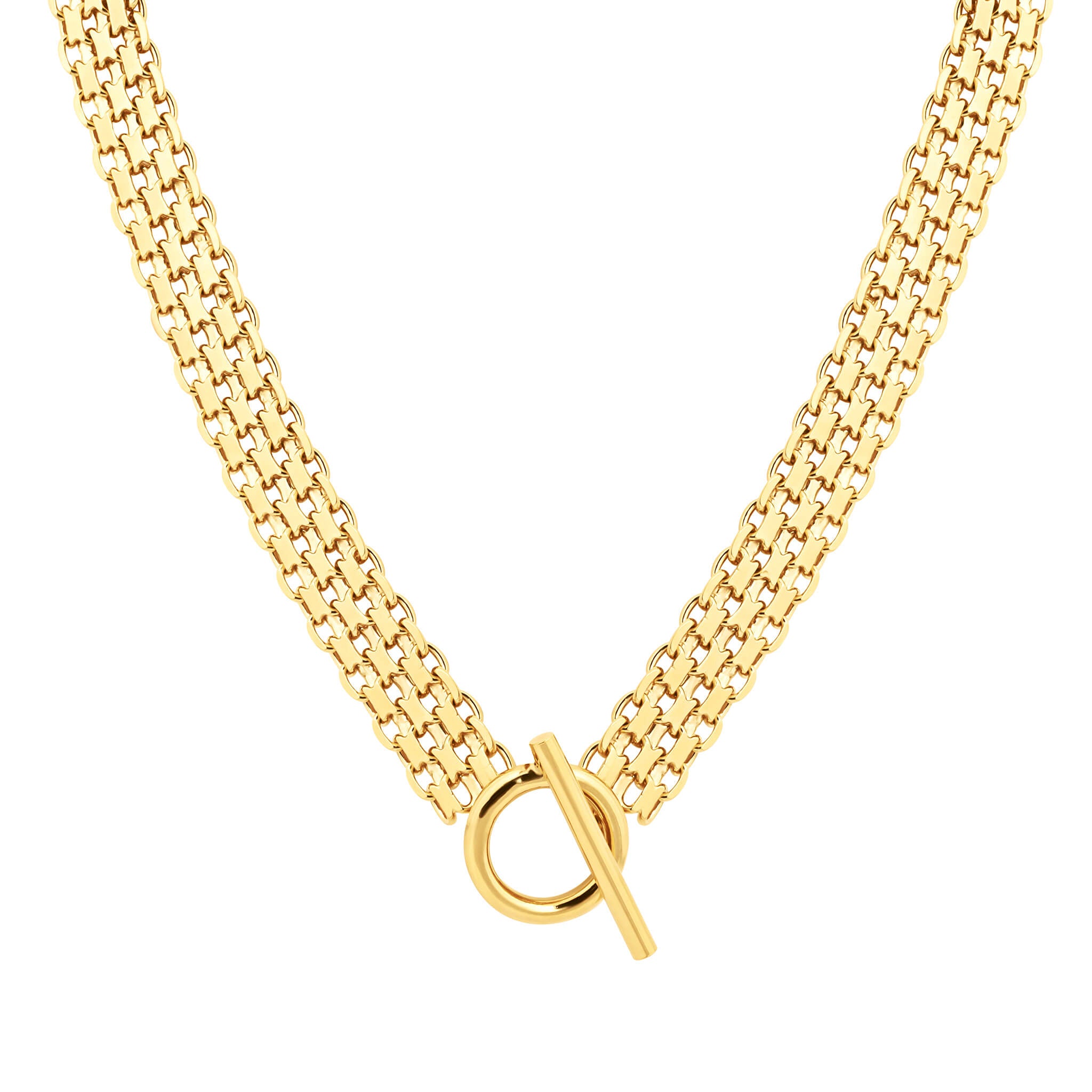 Drip necklace in gold finish with layered gourmet chains and T-bar toggle clasp.