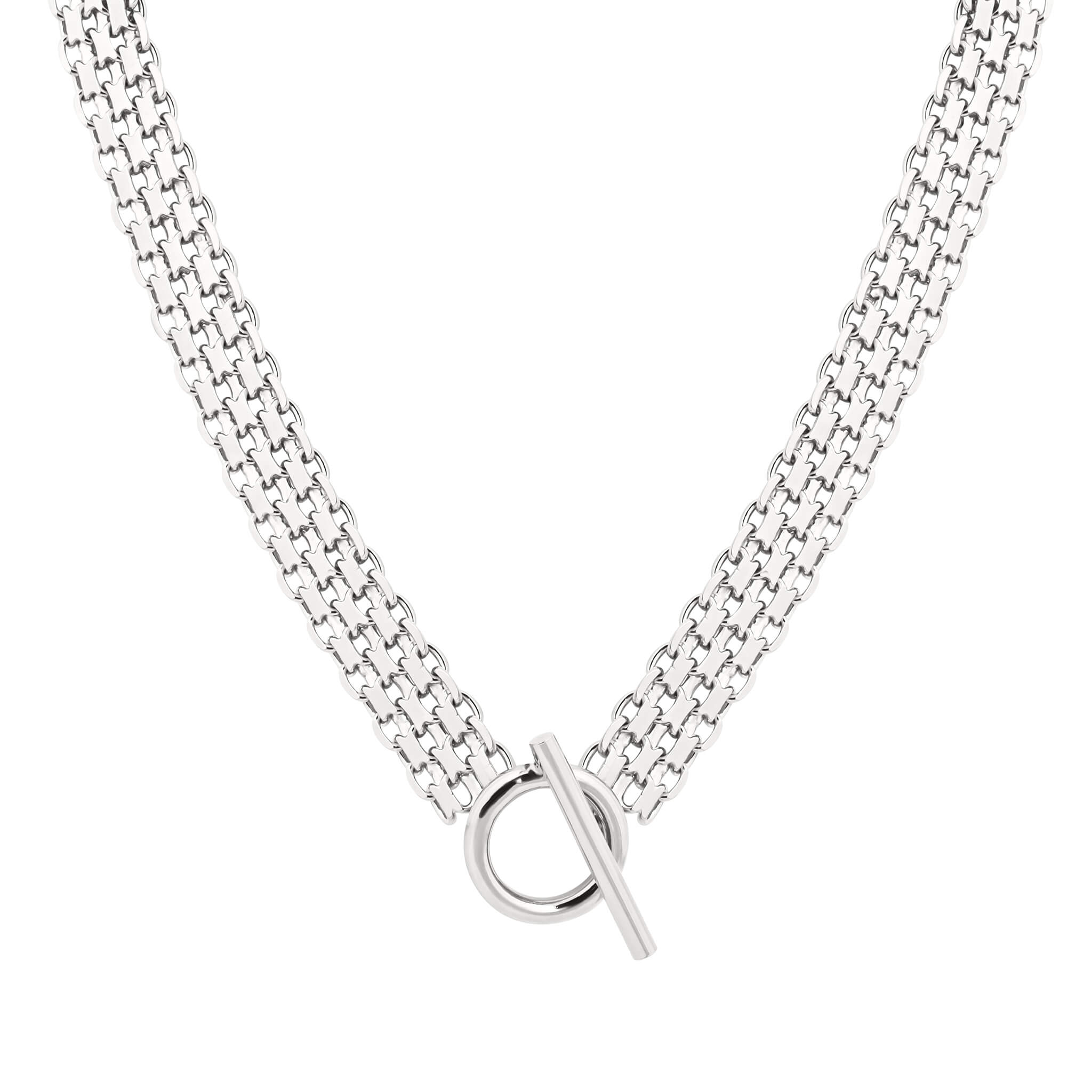 Drip necklace in silver with layered gourmet chains and T-bar toggle clasp.