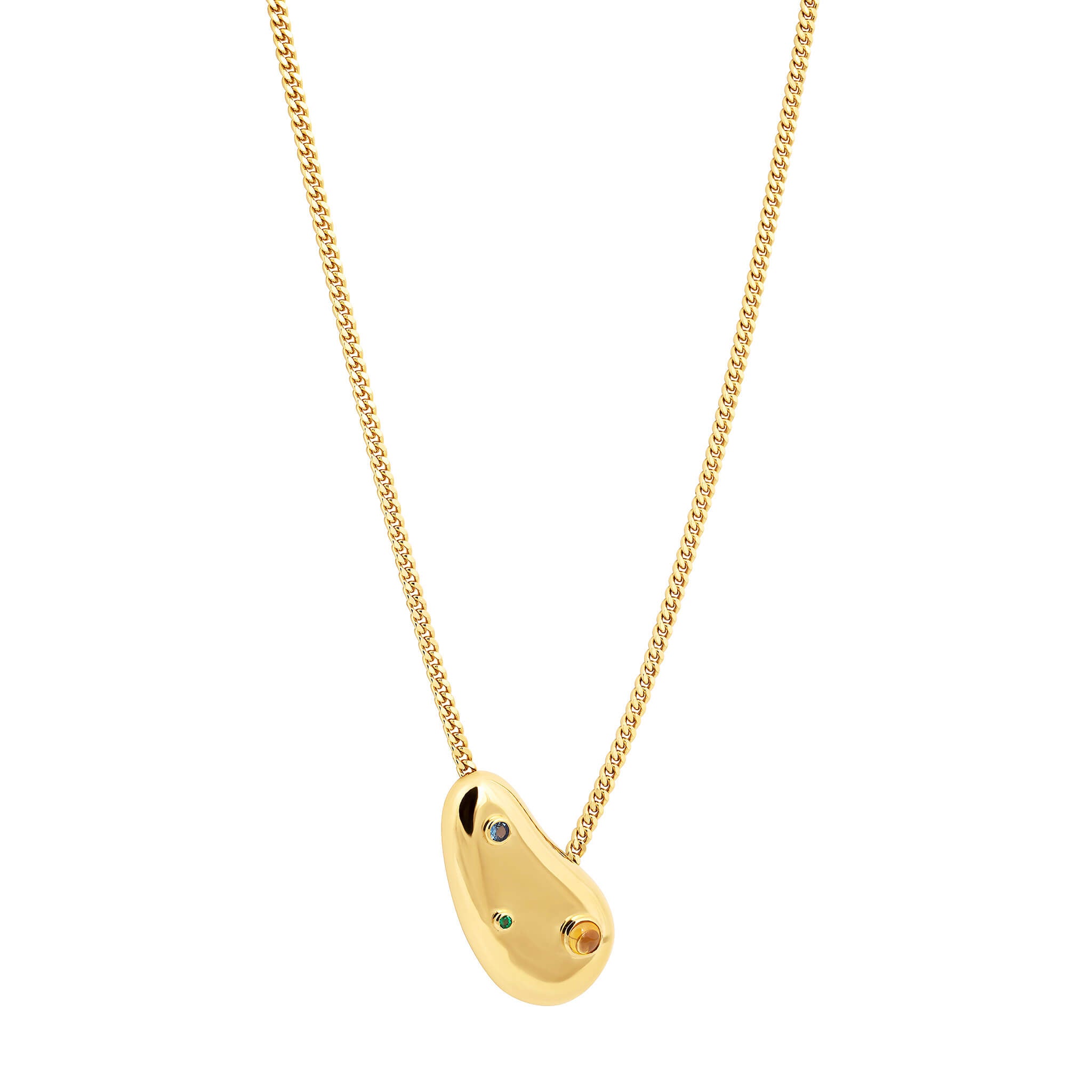 Spill necklace with cubic zirconia in gold finish featuring blue, green and orange round cubic zirconia on a gourmet chain.