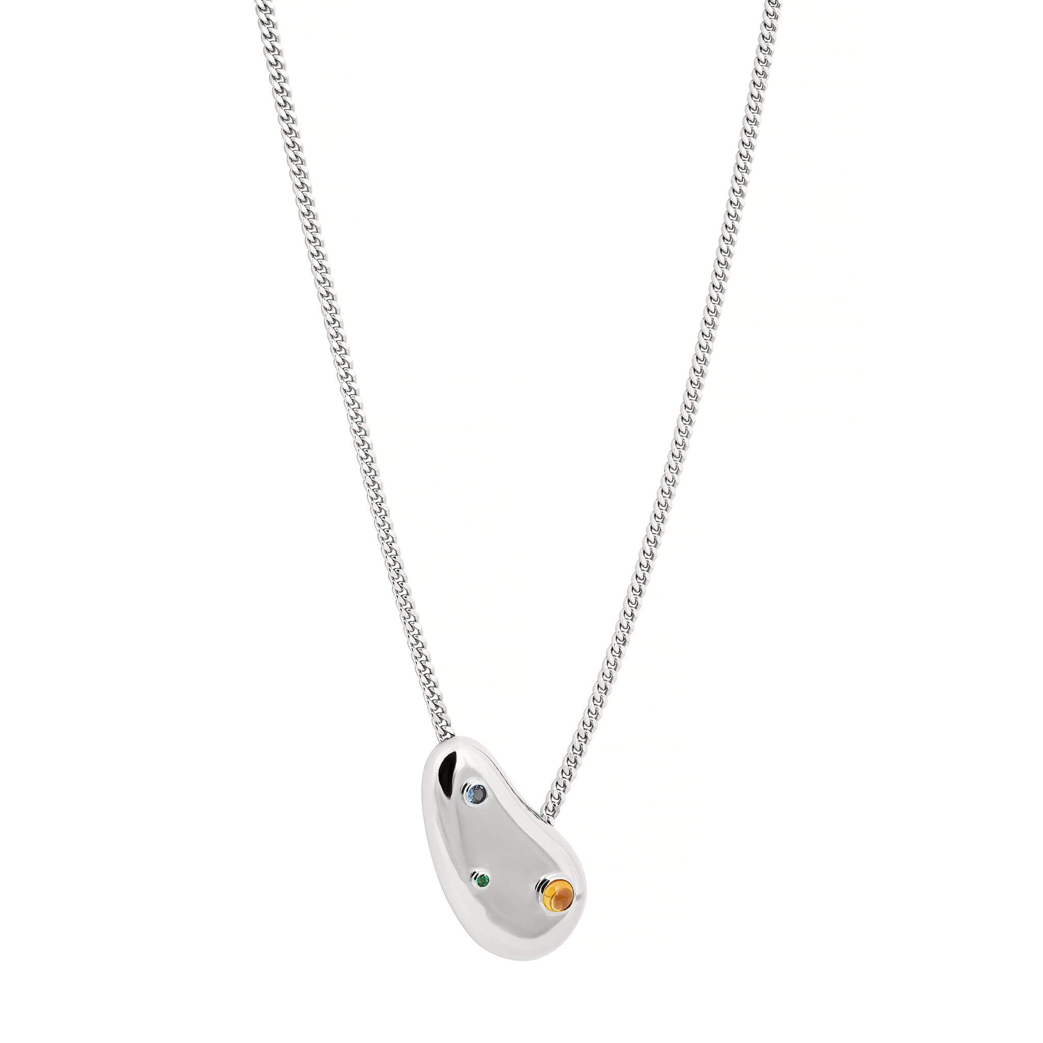 Spill necklace with cubic zirconia in silver featuring blue, green and orange round cubic zirconia on a gourmet chain