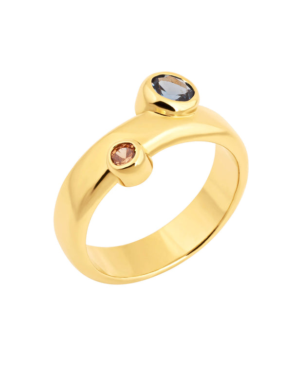 Bubble ring with cubic zirconia in gold finish featuring blue and orange bezel-set cubic zirconia.