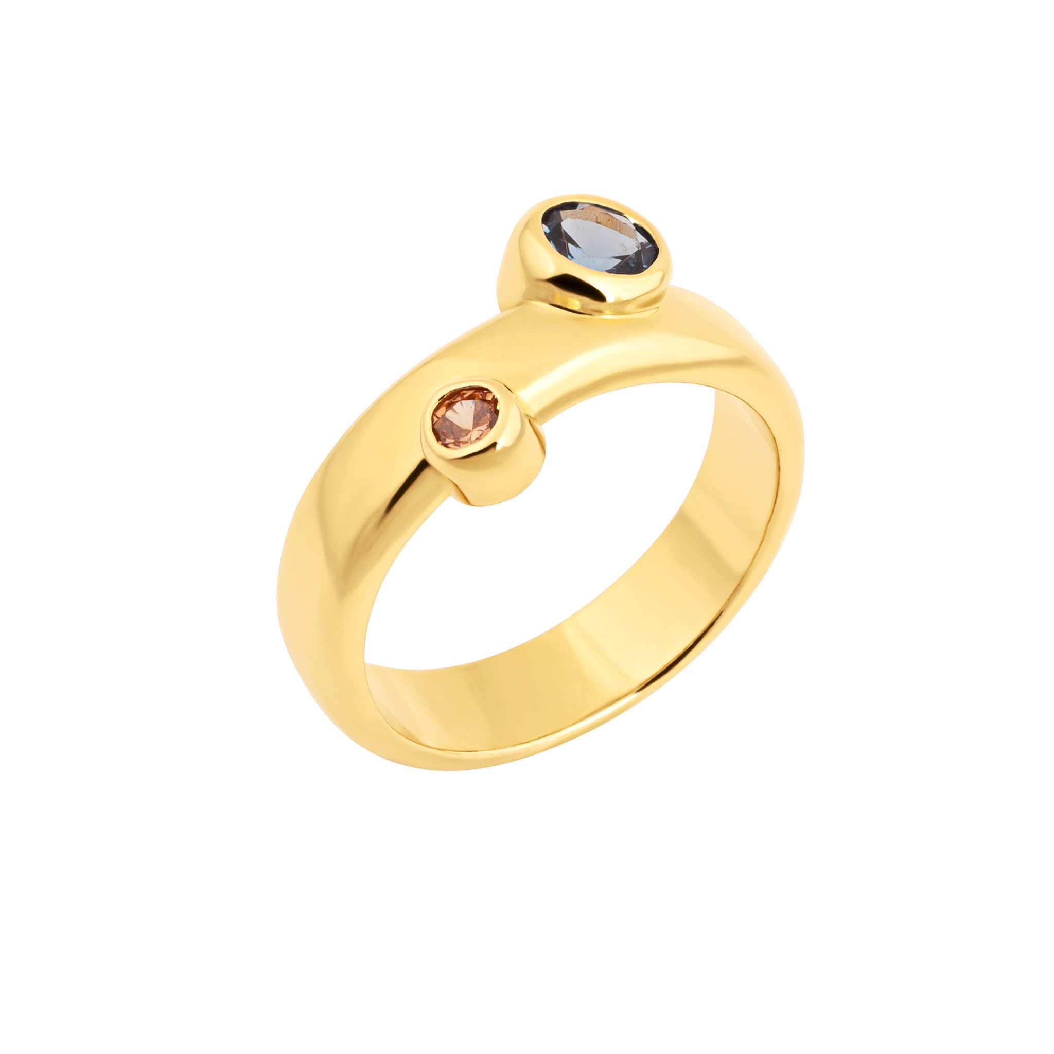 Bubble ring with cubic zirconia in gold finish featuring blue and orange bezel-set cubic zirconia.