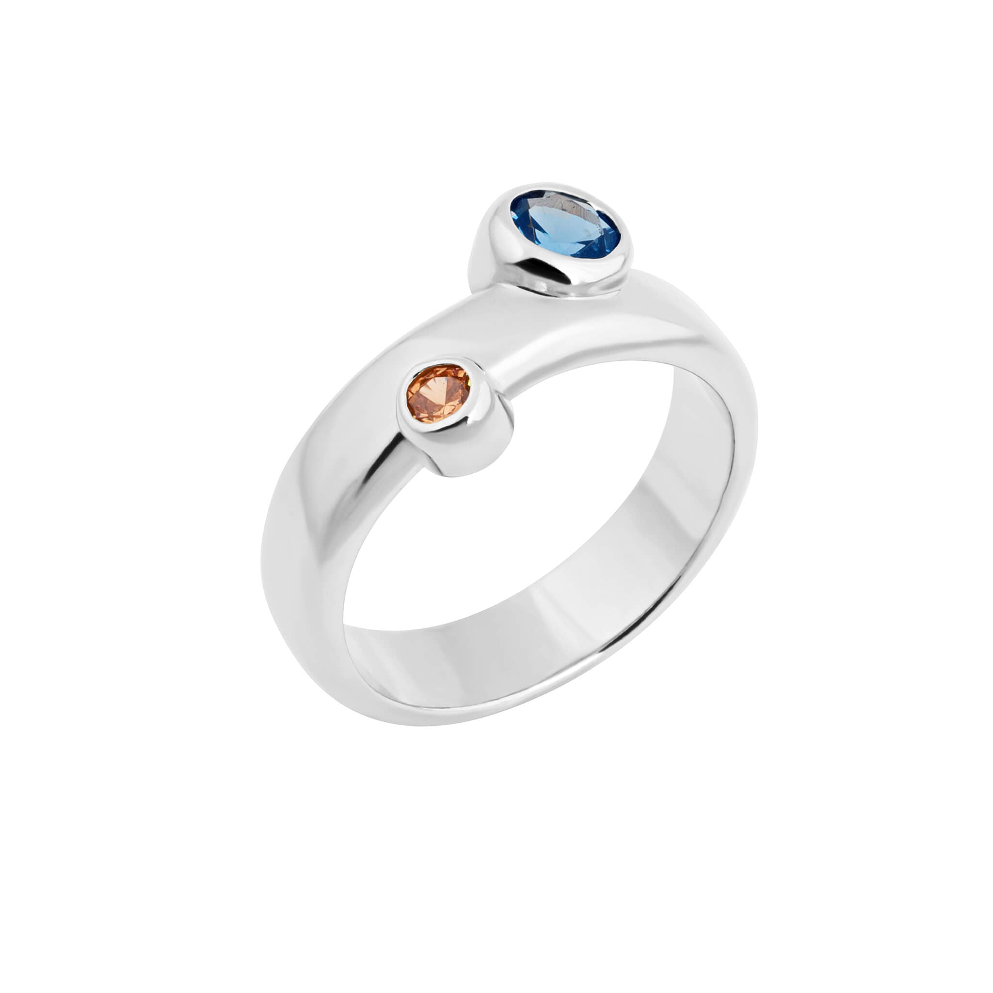 Bubble ring with cubic zirconia in silver featuring blue and orange bezel-set cubic zirconi